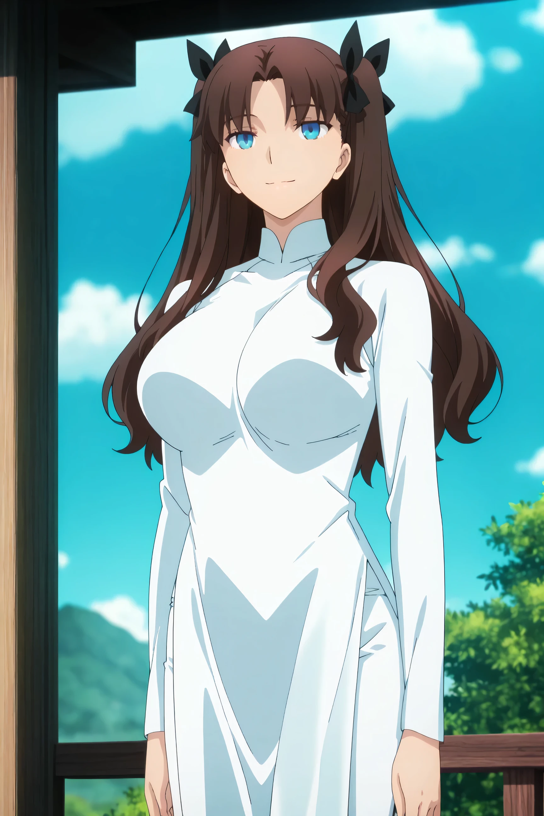 anime screencap, masterpiece, best quality,
1girl, adult female, solo, closed mouth, light smile,
brown hair, two sides up, parted bangs, blue eyes, hair ribbon, black ribbon, huge breasts , Vietnamese dress , pants , long sleeves , solo , cowboy shot , outdoors,