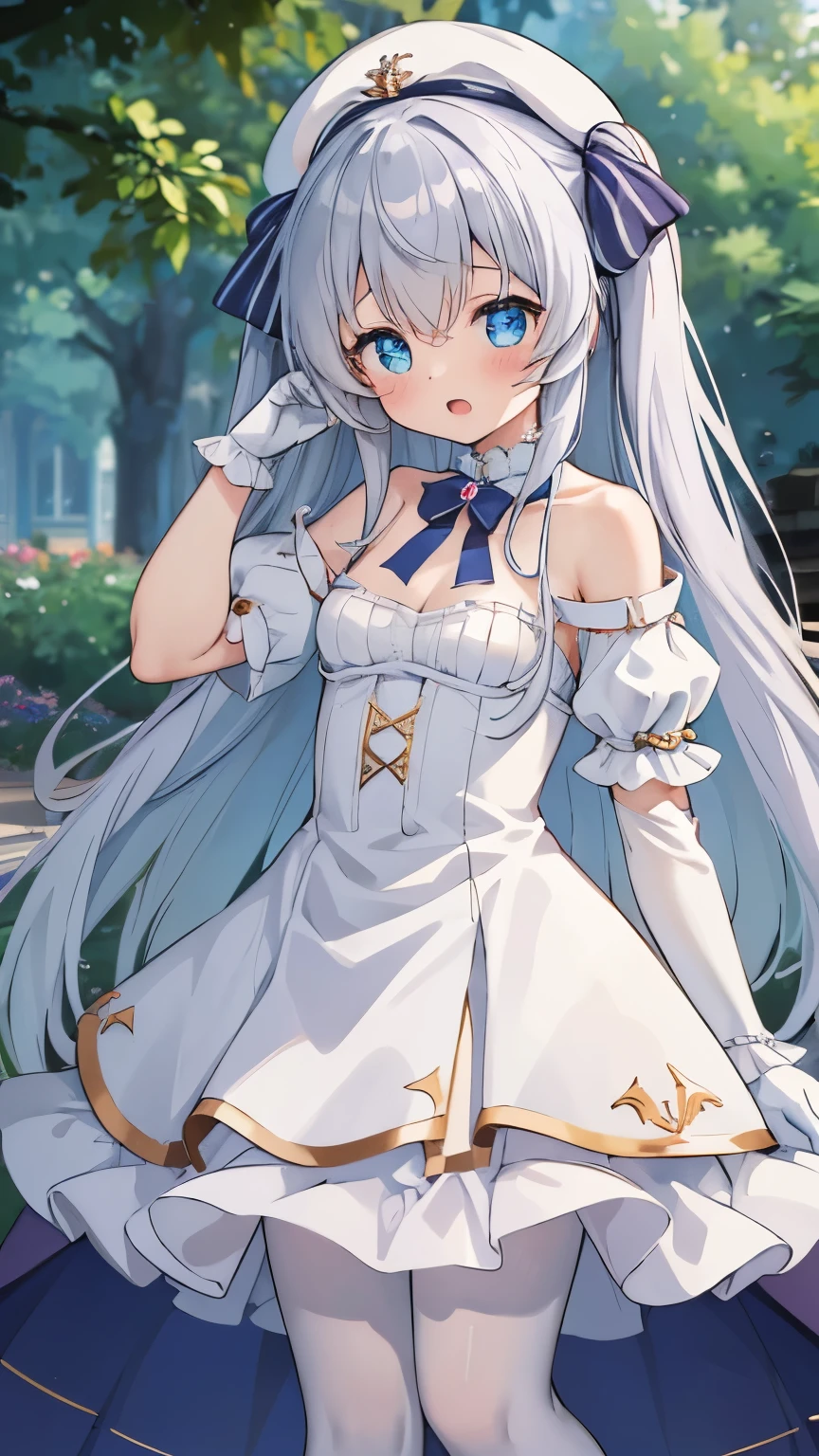 1girl, best quality, perfect hands, very long hair, white hair, white thighhighs, twintails, white hair ribbon, tiara, headscarf, wedding dress, white lace-trimmed thighhighs, white lace elbow gloves, white garter straps, blush, smile, bridal veil, transparent short veil, tube top wedding dress, silk dress, strapless wedding dress, pure white dress