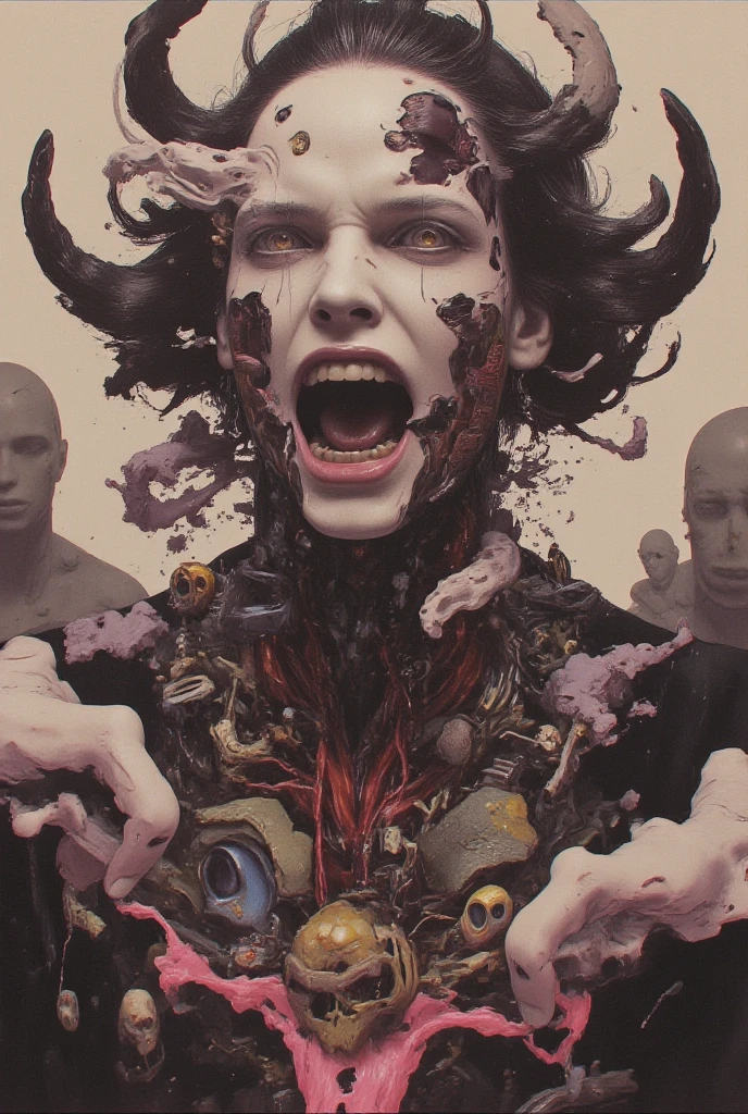 arafed image of a woman with a creepy face and blood on her face, stefan gesell, creepy sigma 75mm, detailed and creepy, scary portrait, horror photography, scary creature, scary look, award winning horror photography, michael hussar, creepy macro photo, by Aleksander Kobzdej, portrait death clown
