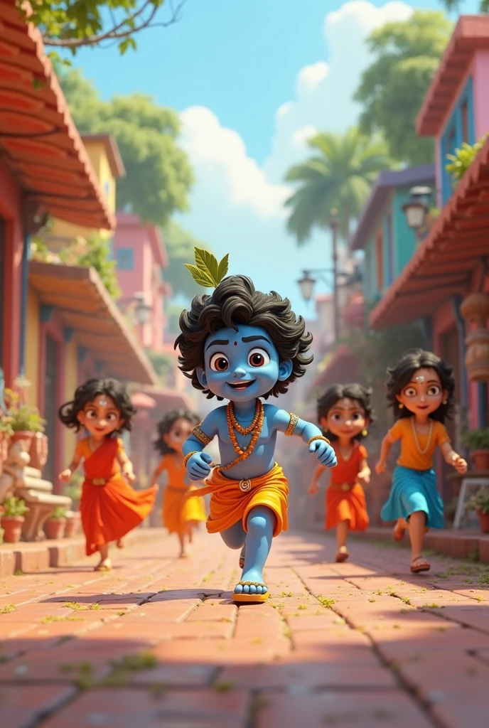 Need a 3D animation style-Village Children Admiring**
- "A group of young village children, dressed in simple traditional clothes, are standing nearby, watching Krishna and Radha on the swing with admiration and happiness. The children have cheerful expressions, and some are clapping or smiling broadly."