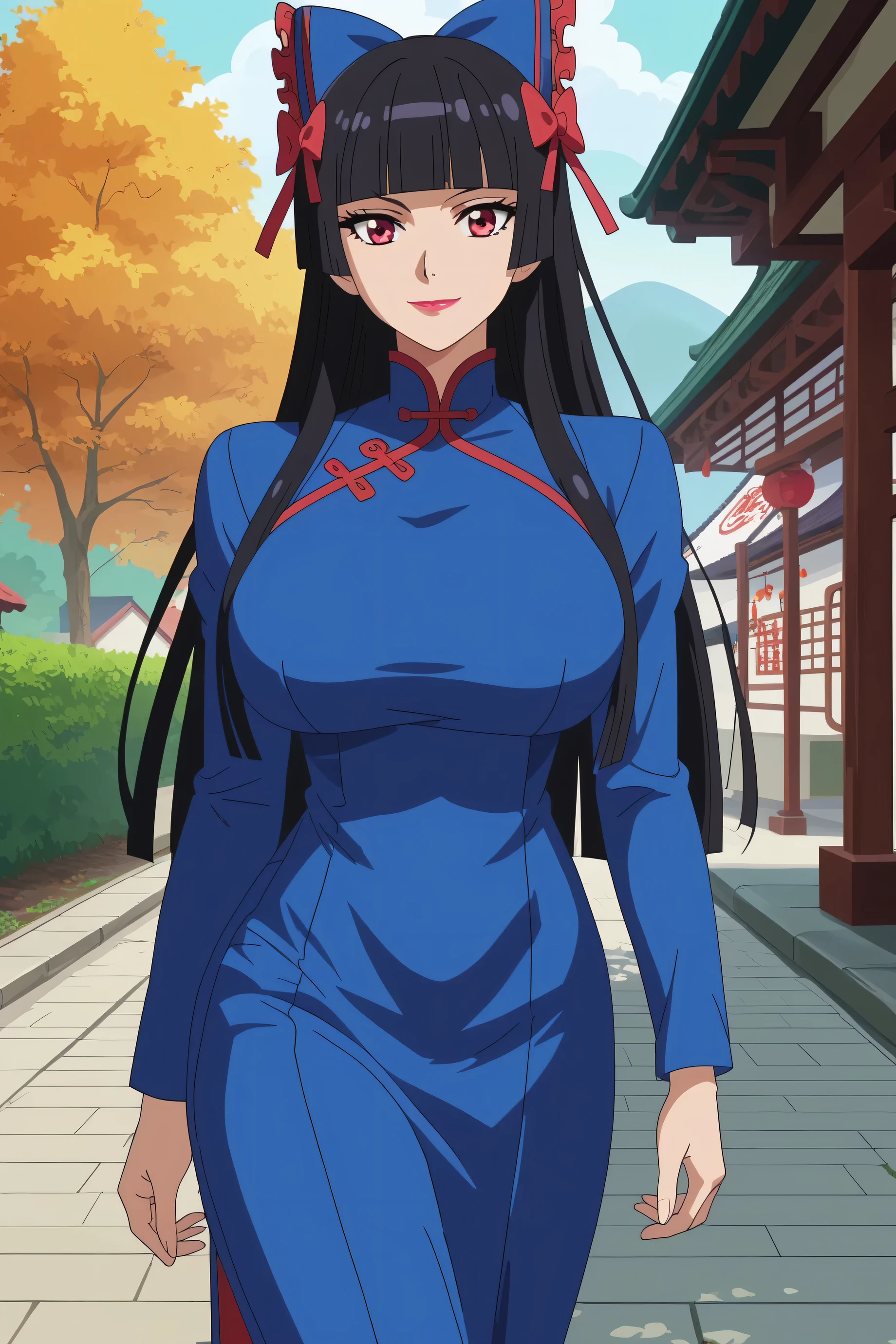 score_7_up, anime screencap,
RoryMercury,
1girl, adult female, closed mouth, light smile,
long hair, black hair, red eyes, hime cut, blunt bangs, lipstick, hair bow,
over shoulder, huge breasts, vietnamese dress, pants, long sleeves,
solo, cowboy shot, Boutdoors,