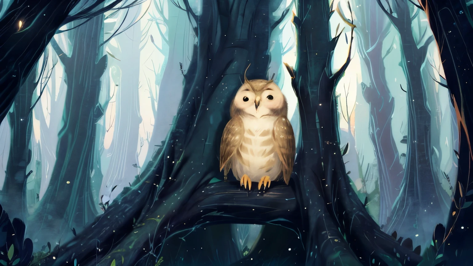 A small thoughtful owl sitting alone on a tall tree branch in a quiet, magical forest at night. Stars twinkling in the sky. Picture book illustration style, soft pastel colors, warm lighting.
