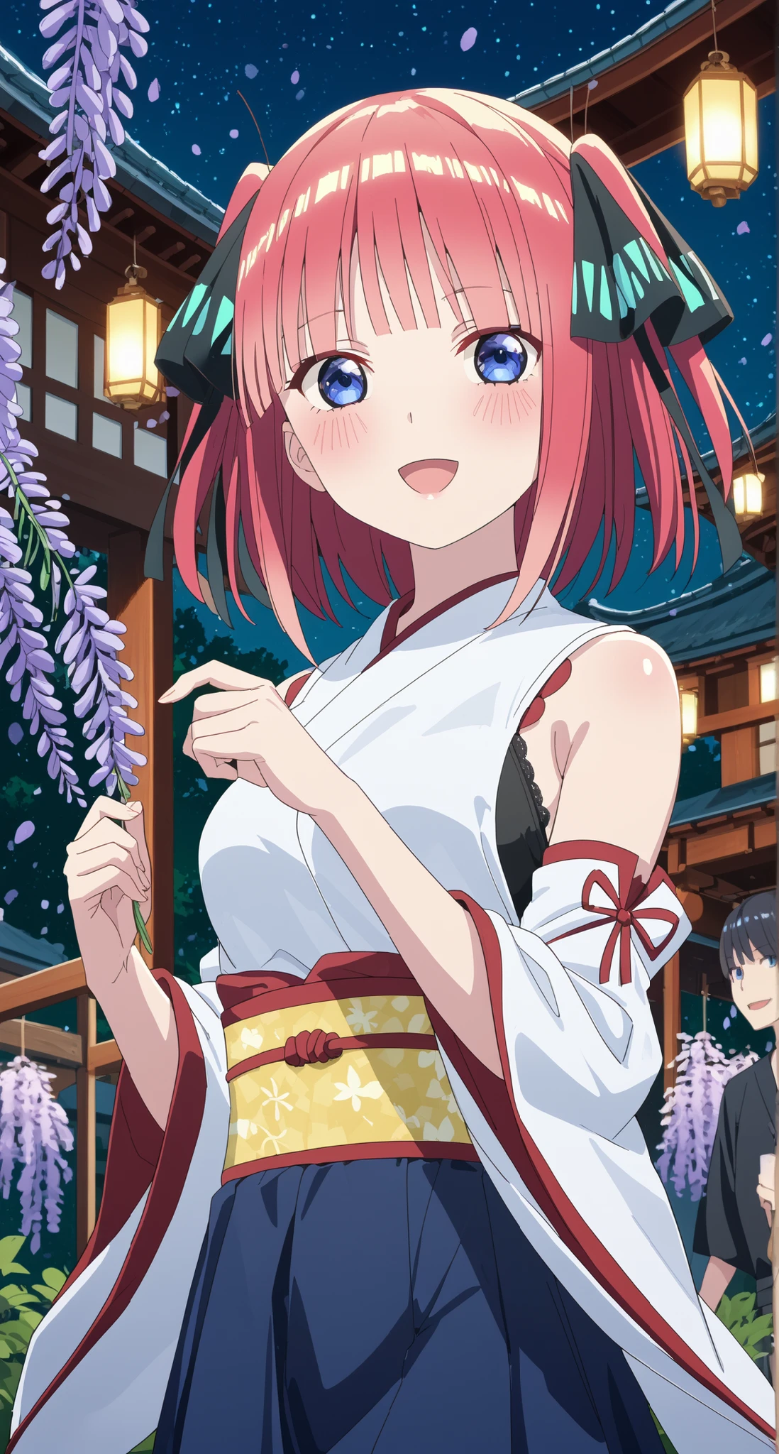 nsfw,nakano nino,glass cover,side shot,alternate color,masterpiece,detailed illustration,lifelike,{{{Cute 1nakano nino}}},shiny beautiful woman,cinematic lighting,dynamic angle,dynamic pose,depth of field,miko,looking at viewer,short hair,pink hair,shiny hair,hime cut,twintails,two side up,hair ribbon,butterfly hair ornament,blue eyes,blush,medium breasts,black bra,sleeveless,Detached sleeves,blue skirt,yellow obi,open mouth,light smile,shrine,wisteria flowers,wisteria confetti,night,night sky