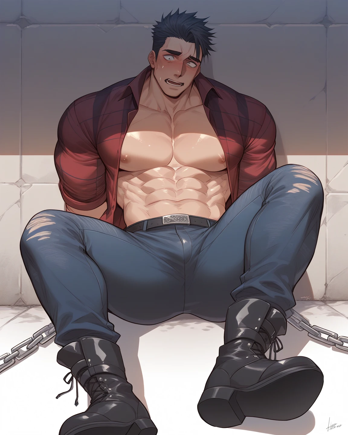 Hairy boy with buzcut and goatee, is sitting in a cabaret flexing his biceps and thighs.. He wears short black boxer briefs. You can see her thighs completely. He is wearing a very large red leather jacket. Your abdomen has hair that goes down to your underwear. He is admiring her legs looking down. He has a huge bulge. You can see his abs too. Body full of thick hair. 