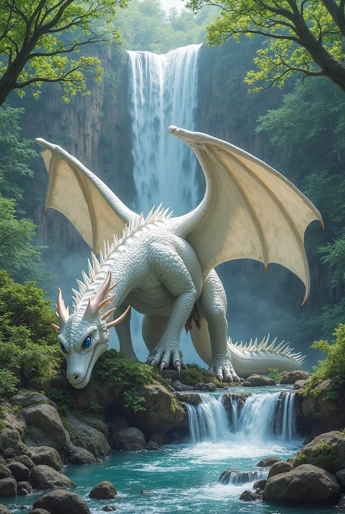  (A European dragon with wings sleeping in front of a forest waterfall ), solo, waterfall, moon  mystical creature, realistic, ultra detailed, dynamic pose, moonlit night, detailed forest background, vegetation in the foreground