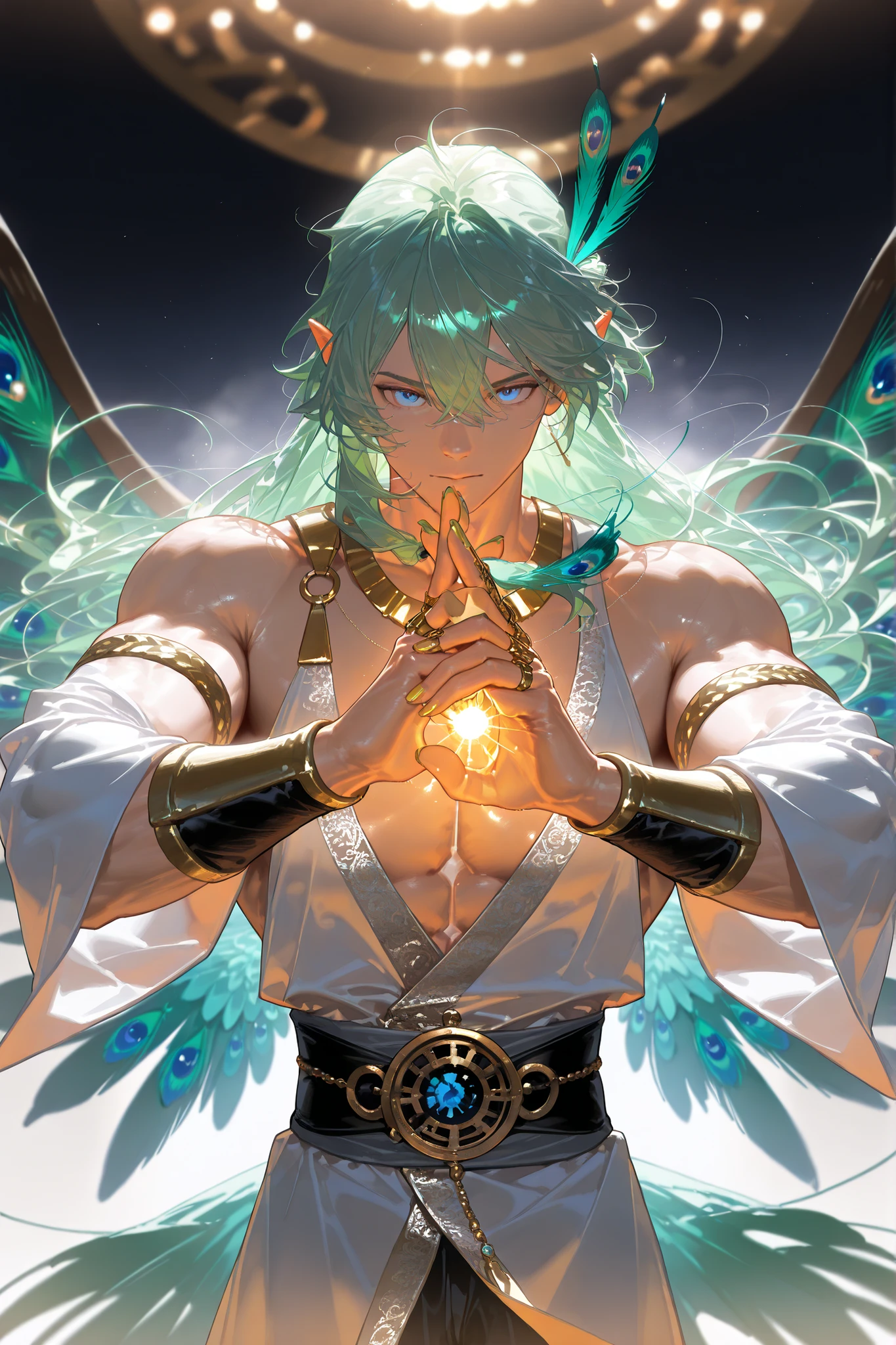 (Masterpiece, best quality), detailed, 1 man, ((character concept art)), ((character design sheet, same character, front, side, back)), full body, body complete, 1 Male angel, 1 Man angel, Detailed face, character design sheet，full bodyesbian, Highly detailed, character sheet, character design, Many parts, dark skin, angel wings, long green hair, angel outfit, muscle male god, male clothes, masculine, muscle man, male muscle, manly, male angel, Muscle male long green hair，beautiful man, beautiful muscle man, abs, pectoral muscle