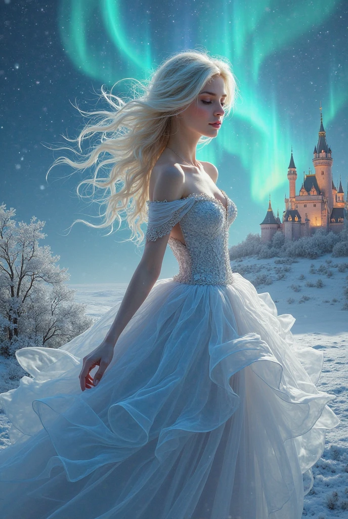 As the moon gently sets above the sky, an enchanting snow lady in a flowing pink dress stands gracefully, emanating an aura of magic and wonder. The scene is in high-definition, capturing every intricate detail of her sparkling icy form and the mesmerizing colors of the sky. The viewer can't help but feel the allure of this enchanted moment, as if they have stepped into a fairytale realm. The photograph is a testament to the skill and artistry of the photographer, whose name is cherished in the world of magical photography - By Photographer Name.