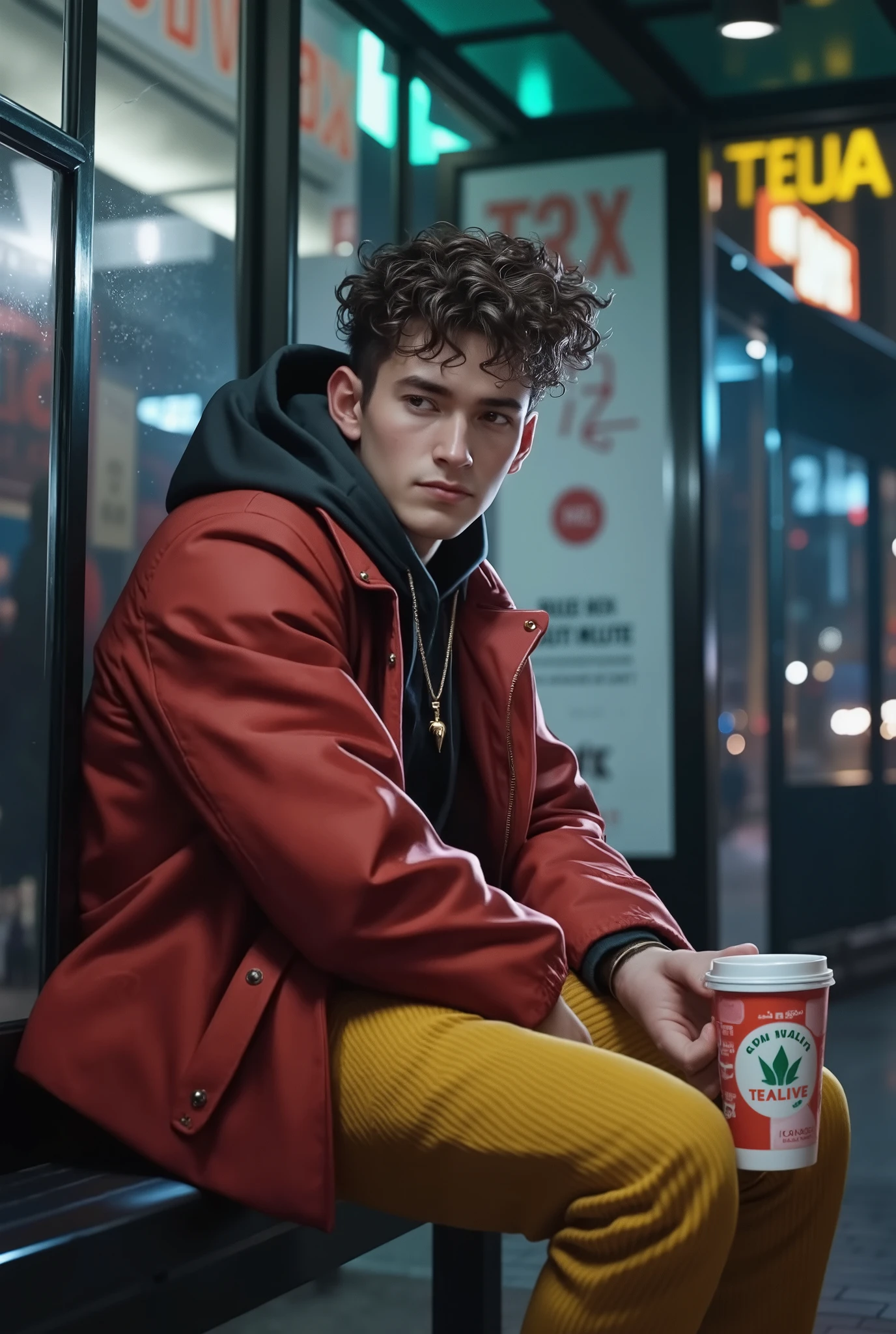 a stylish young man with curly hair sitting at a bus stop at night, holding a Tealive cup with logo clearly visible, fashionable outfit with red jacket and yellow corduroy pants, urban environment with glass shelter and neon lights, cinematic lighting, product advertisement style, dramatic shadows, teal and red color contrast, high detail, commercial shot, low angle, moody atmosphere, sharp focus on face and product, reflections on the wet pavement, vintage poster design in the background, realistic hands, photorealistic textures