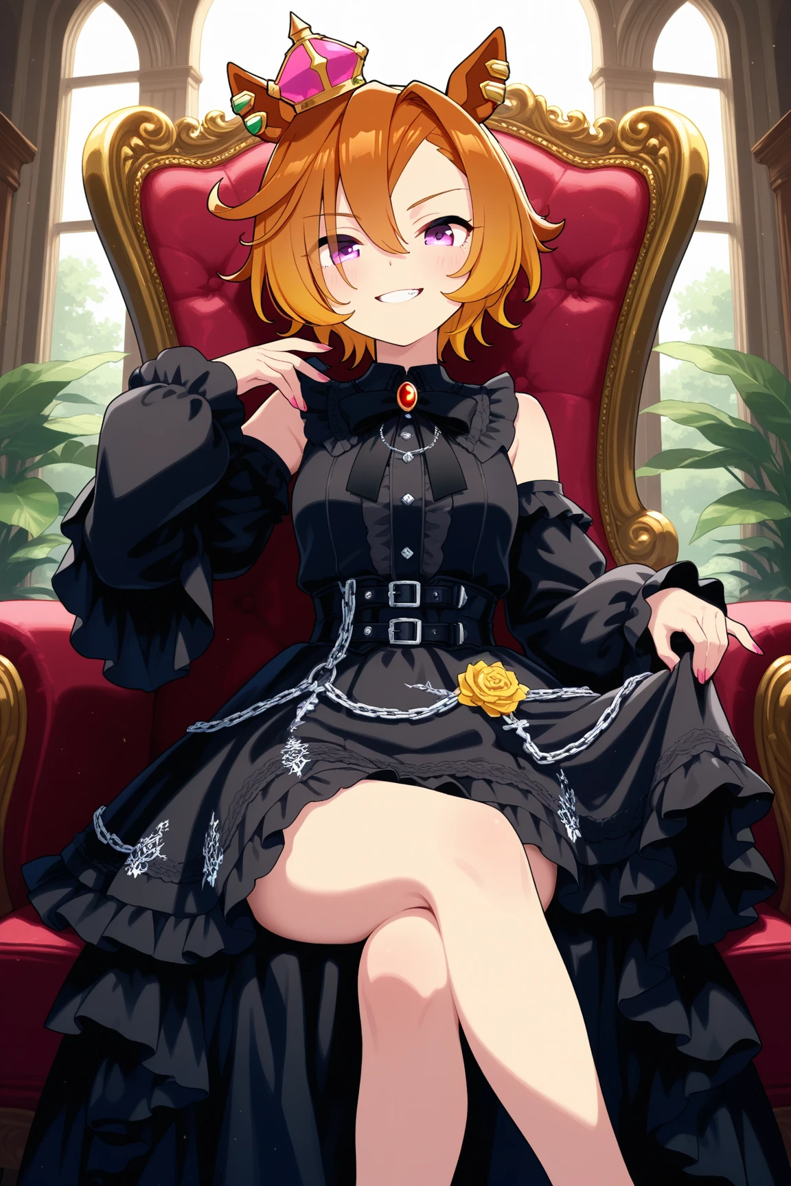 a happy seven year old with wavy hair, (Red hair), with a yellow and black dress and a chain around her neck with a key, she is sitting on the floor looking at the viewer 