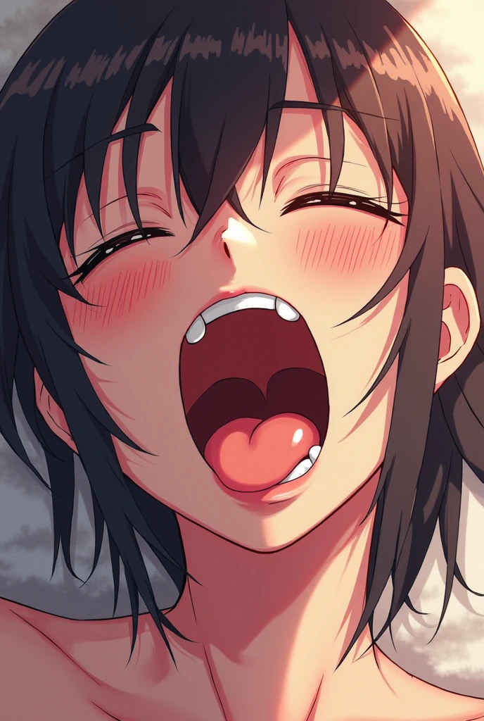 beautiful detailed eyes, red eyes, half-closed eyes, (tareme), [[[1girl, Kitasan Black \(umamusume\), umamusume]]], (opened big mouth, licking, Sticky tongue), nsfw, (close-up mouth), (curvy, Slender),(cleavage), from above, Highest quality, Super detailed, masterpiece, Ultra-high resolution, 8k, Embarrassing, blush, Lovely, (With tears in my eyes), Sticky saliva