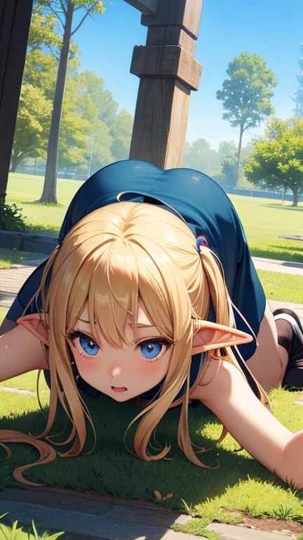 High resolution, Very detailed, perfect lighting, beautiful detailed eyes, ((masterpiece,Best Quality)), absurdities, alone, princess zelda, by the width, crown braid, Hair clip, pointy ears, Gloves without fingers, black gloves, smile, curves, nod, , deep neckline, deep neckline, green military thong, touching her breasts in a sexy way, close up, pigtails with bangs, pigtails with bangs, touching her breasts in a sexy way, teal eyes, close up, pigtails with bangs, green military beret, Slim fit sailor suit, Slim fit sailor suit, short black skirt, On knees, On knees, green military beret, green military stockings, crouched on her knees, overhead, overhead, view from behind, view from behind, big ass, pigtails with bangs, sexy blue lingerie, blonde, ass focus