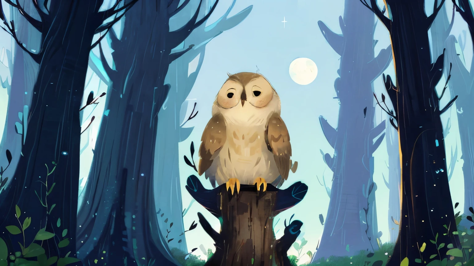 A small thoughtful owl sitting alone on a tall tree branch in a quiet, magical forest at night. Stars twinkling in the sky. Picture book illustration style, soft pastel colors, warm lighting.
