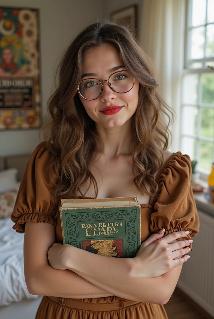 Woman in red hat and glasses holding a book,silver hair,she wears Harry Potter glasses, Maya Ali as D&D sorceress, holding spell book, dressed as witch, D&D magician, wearing a red wizard hat.