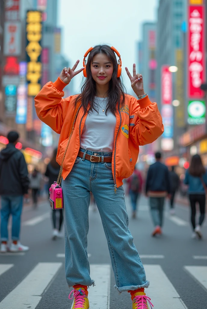 1 woman、18-year-old、masterpiece、highest quality、super detailed、born、Japanese、like a korean idol、blonde or brown hair、（small face:1.4）、eyeliner、eye shadow、laughter、（Curvaceous:1.4）、hip hop style、colorful clothes、oversized hoodie、dynamic pose、graffiti art、Hip Hop Dance、Break dance、fly to the sky、Slow motion、blur the background、on the city street、bust up shot