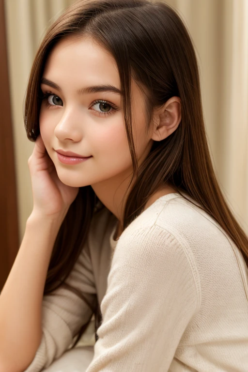 a beautiful fifteen year old girl, slim, beautiful perfect detailed face, smiling innocently, topless, 32C breasts, looking intensely at the viewer, bright hazel eyes, full lips, long eyelashes, photorealistic, highly detailed, 8k, masterpiece, 
