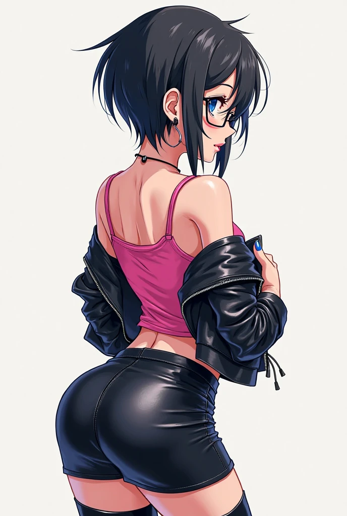 Professional Photography, (expressive eyes), (ice blue eyes), leopard girl, golden skin, open mouth, black lipstick, snipped haircut, (black hair), 
BREAK,  
revealing streetwear ensemble consisting of a cropped tank top and distressed denim micro skirt, paired with fishnet pantyhose and heels adorned with graffiti tags. Accessorize with chunky chain necklaces, spiked bracelets, complete the look with bold, graffiti-inspired makeup, back shot, squatting,
BREAK, 
(Laughing with a genuine and infectious giggle), capturing the essence of joy and cuteness in a spontaneous pose, 