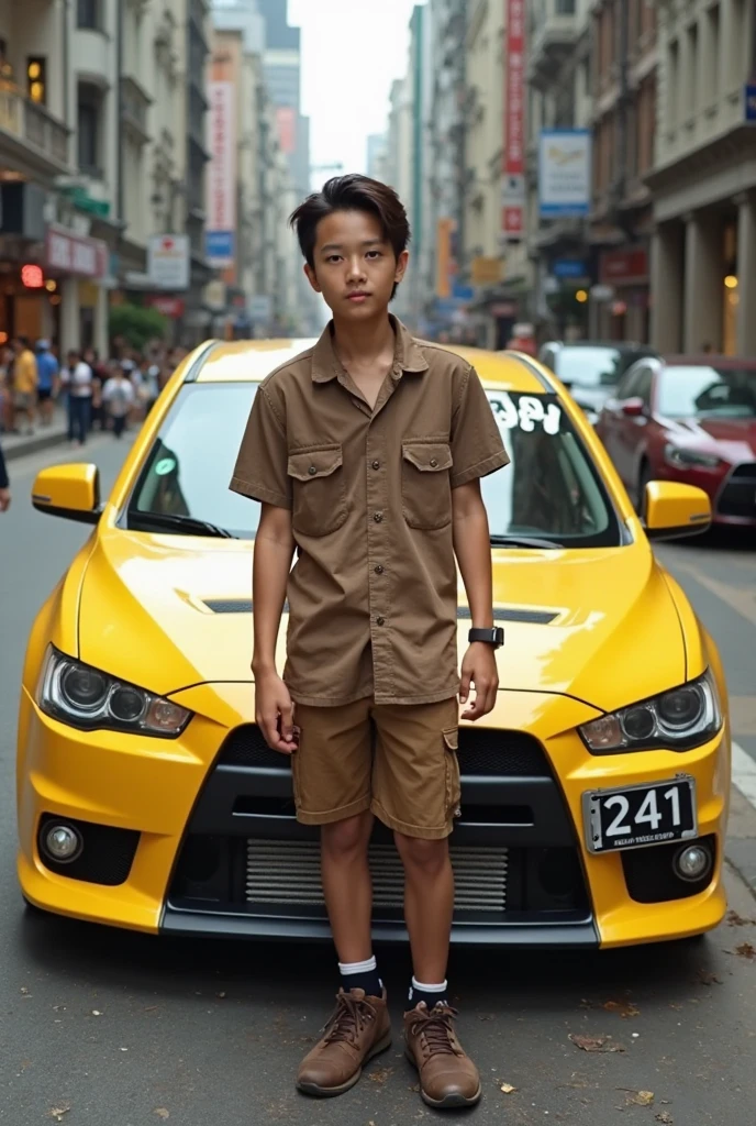 Ultra Realistic, masterpiece, high definition, highly detailed, 8K, a cute japanese boy , a 8 year old boy, highly detailed face, highly detailed body, wearing driver clothes, resembling a taxi driver, looking at the viewer , he's standing next to a car, full body view, proper car porch in the background,taxi cars, perfect background,