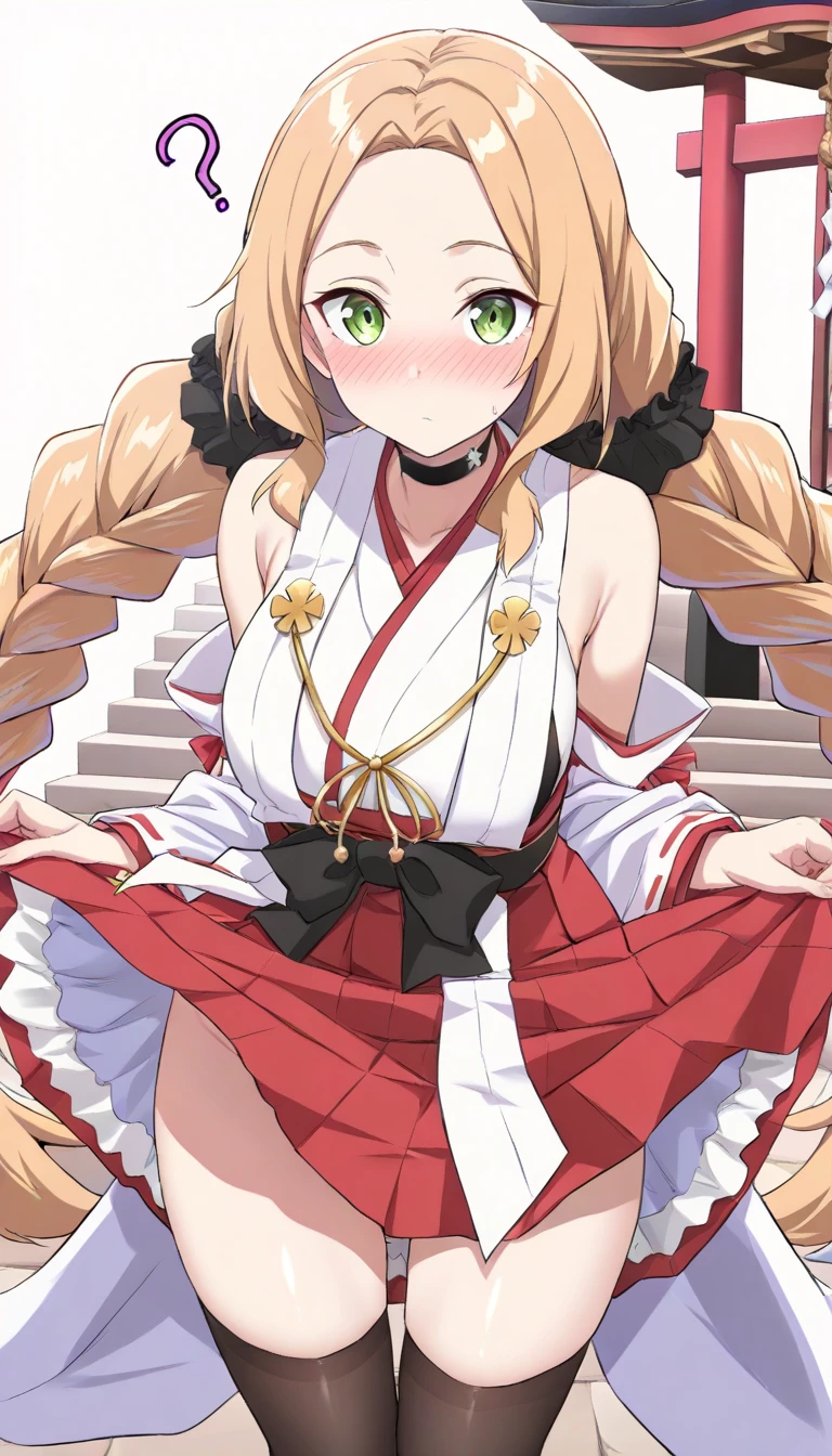 score_9, score_8_up, score_7_up, source_anime, slutty_clothes, gyaru,shizuka marikawa, long hair, blonde hair, very long hair, low-tied long hair, yellow eyes, hair between eyes, pink arm cover, thighhighs, skirt, wide sleeves, purple eyes, sideboob, detached sleeves, pink short skirt, black thighhighs, pleated skirt, long hair, scarf, looking at viewer, blush, japanese clothes, sash, hairband, closed mouth, obi, pink obi, long sleeves, ribbon trim, ribbon, skindentation, pink hairband, bare shoulders, see-through, black scarf, black kimono, kimono, hair bow, miniskirt, hair ribbon, ribbon-trimmed sleeves, sleeveless, pink ribbon, small breasts,cowboy shot, standing,arms behind head