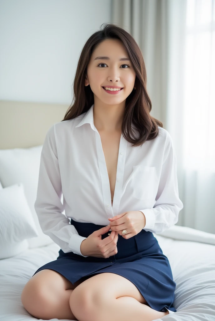 Young beautiful sweet Bogor city girl, 30 years old, mixed descent from sundanese and Javanese, slim body, greek nose, nate medium long hair with a bangs, nubian nose, georgeus sweet face, wearing office shoes, wearing blue tank top shirt that covering her bra under her blazer, wearing office long sleeve blazer, wearing calf long folded up office skirt, wearing lace soft cup bra under her dress and her blazer, wearing white lace panty under her skirt exposed to camera, sassy local tv anchor, siting very sensual opened wide her legs on sofa in tv studio, being presents the news on TV, being open mouth pose, smart face, serius reading eyes, very realistic, very detail, no cartoon, normal all fingers shape, front view,
