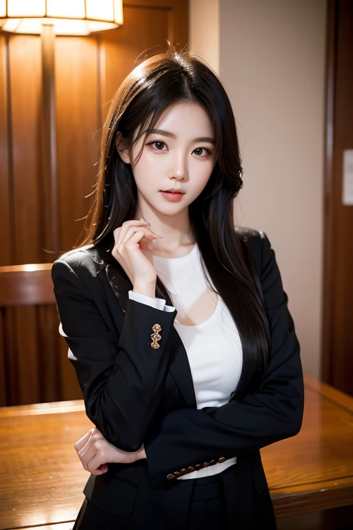 tmasterpiece,Highest image quality,super detailing,rnsexy smile,amazing face and eyes, cosmetics, (extremely detailed beautiful face), (The sexiest look), deep understanding,Bare breasts,(Best quality at best:1.4), (ultra - detailed), (extremely detaild的 CG unified 8k wallpapers), The content is very detailed, RAW photogr, professional photoshooting, ((Open business suit)), (Open business shirt), Indoor and below, (Office room, Dark Night Classroom, rays of moonlight), (nigh sky), depth of fields,face flushed,raised eyebrow,Very shy,Female secretary,looking at viewert,Dreamcatcher earrings,epic,concept-art,