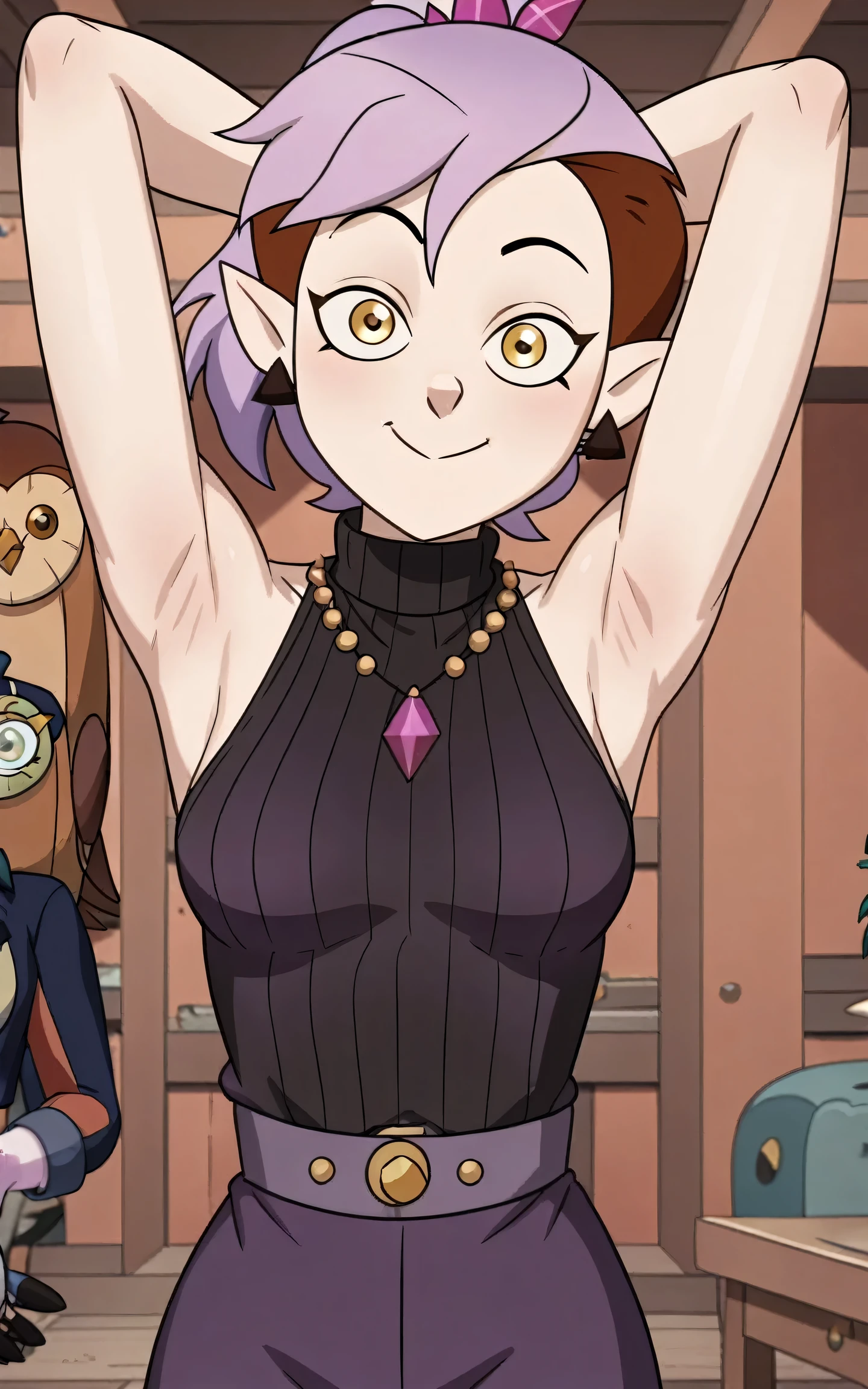 score_9, score_8_up, score_7_up, masterpiece, best quality, amazing quality, anime screencap, anime coloring, source_cartoon, source_anime, BREAK, 1girl, solo, the_owl_house, show_accurate, accurate_art_style, flat_color, flat_colors, vibrant, the_owl_house_show Amity_Blight, Adult_Amity_Blight, earrings, triangle_earring, multicolored_hair, purple_hair, pink_hair, brown_hair, ponytail, pointy_ears, pale_skin, yellow_eyes, black sweater, sleeveless sweater, ribbed sweater, turtleneck, bare shoulders, bare arms, armpits, arms behind head, head towards viewer, looking at viewer, smile, closed mouth, (light source in front:1.1), indoors