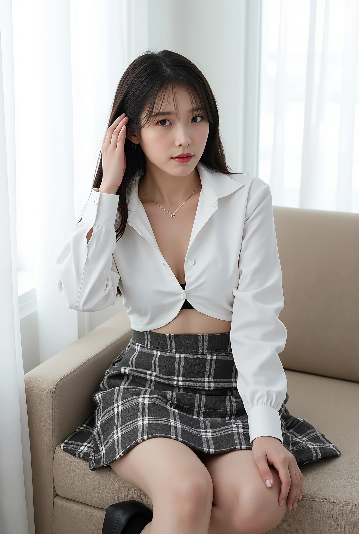 Raw photo, highest quality, masterpiece:1.2), highest quality, figure, Very detailed, Fine details, High resolution, wallpaper, Perfect dynamic composition, (Detailed high quality, Realistic depiction of eyes:1.3)、A woman who has been and has her hands tied、Arms wrapped around his back, hands tie behind back, Put duct tape over your mouth、Inside a beautiful hotel room at night、Crouching on the floor、Outside the window is a night view、 With legs wide open、(White underwear、Panty shot)、Blue Short Sleeve Blouse、(Tartan plaid pleated skirt)、whole body、The whole thing faces forward、21Talented talent、Beauty、Well-formed face、Make your eyes even、Beautiful black hair、Has bangedium build、Well-balanced proportions、Beautiful legs、Fresh face、Beautiful scenery、, Surrealism, cinematic lighting, first-person view, f/1.2, Nikon, cowboy shot, 8k, masterpiece, 8k, UHD, award winning, best quality, highres