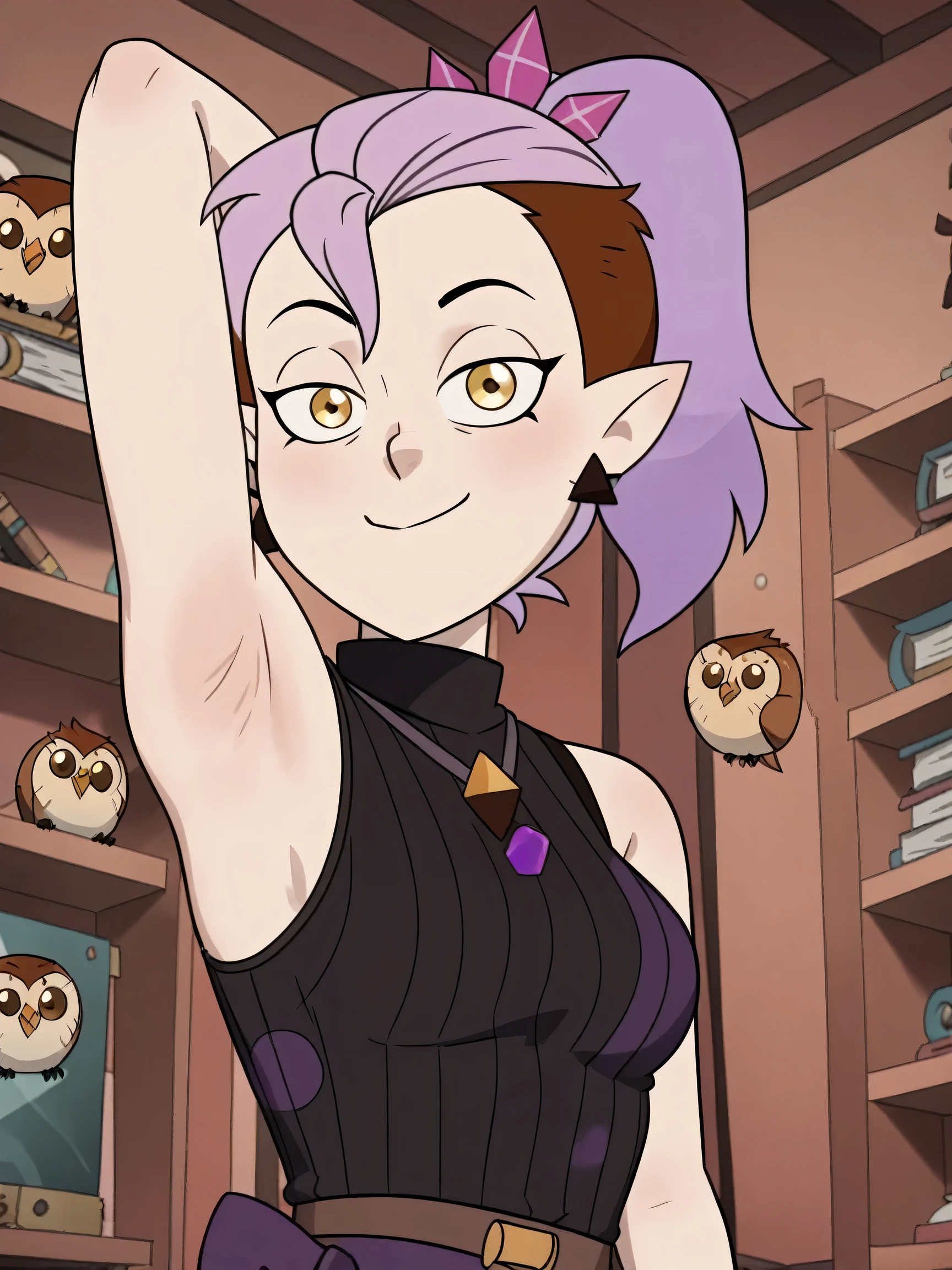 score_9, score_8_up, score_7_up, masterpiece, best quality, amazing quality, anime screencap, anime coloring, source_cartoon, source_anime, BREAK, 1girl, solo, the_owl_house, show_accurate, accurate_art_style, flat_color, flat_colors, vibrant, the_owl_house_show Amity_Blight, Adult_Amity_Blight, earrings, triangle_earring, multicolored_hair, purple_hair, pink_hair, brown_hair, ponytail, pointy_ears, pale_skin, yellow_eyes, black sweater, sleeveless sweater, ribbed sweater, turtleneck, bare shoulders, bare arms, arm behind head, armpit, armpit focus, head towards viewer, looking at viewer, smile, closed mouth, (light source in front:1.1), indoors, from side, from below