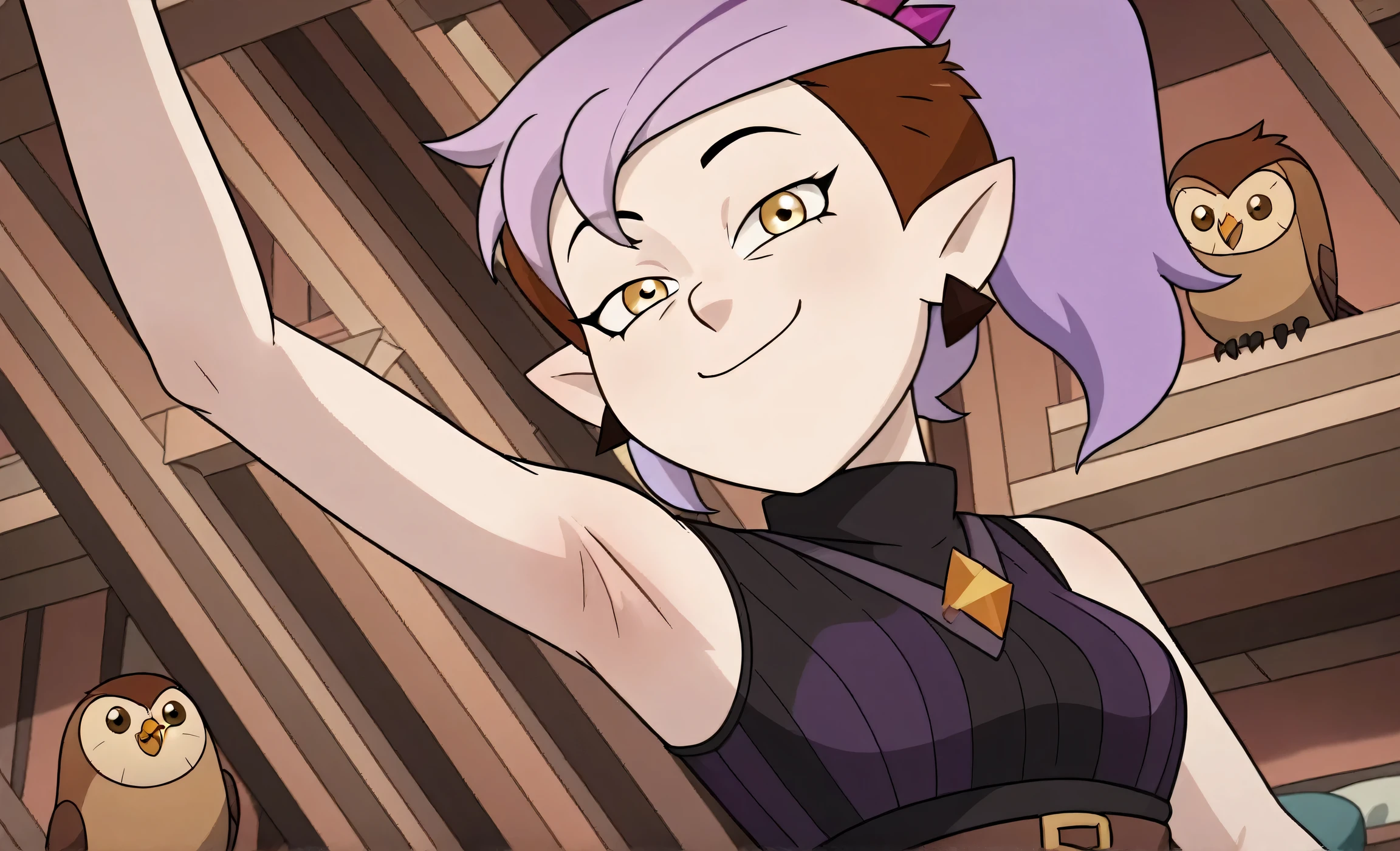 score_9, score_8_up, score_7_up, masterpiece, best quality, amazing quality, anime screencap, anime coloring, source_cartoon, source_anime, BREAK, 1girl, solo, the_owl_house, show_accurate, accurate_art_style, flat_color, flat_colors, vibrant, the_owl_house_show Amity_Blight, Adult_Amity_Blight, earrings, triangle_earring, multicolored_hair, purple_hair, pink_hair, brown_hair, ponytail, pointy_ears, pale_skin, yellow_eyes, black sweater, sleeveless sweater, ribbed sweater, turtleneck, bare shoulders, bare arms, arm up, raised arm, armpit, armpit focus, head towards viewer, looking at viewer, smile, closed mouth, (light source in front:1.1), indoors, from side, from below