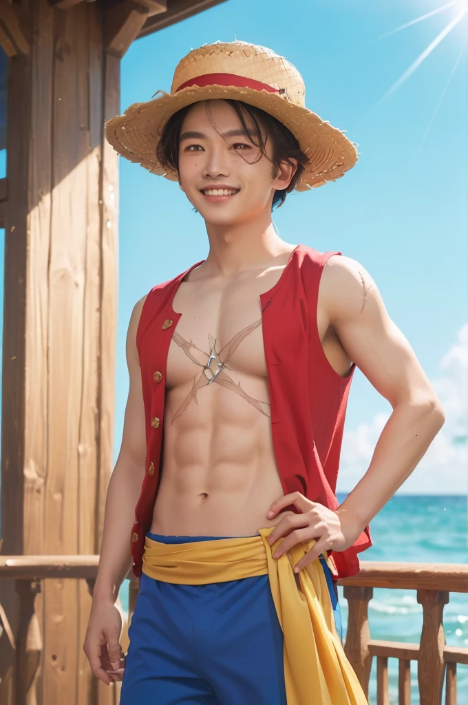 dinamic pose, macho, corpo inteiro, can dynamic, cicatriz abaixo do olho, chest scar, ( estilo pirata pronto para luta ), Luffy tem cabelos pretos desgrenhados, round black eyes and a thin muscle build. He is renowned for his trademark straw hat, which was lent to him when he was young by the legendary pirate captain, "ruivo" Shanks,[35] que por sua vez o recebeu do Gol D. Roger. [43] Luffy usa um vermelho aberto, Long-sleeved cardigan with four buttons, com uma faixa amarela amarrada na cintura (lembrando um pouco a roupa do Gol D. Roger). Luffy also has a scar under his left eye), which he earned as a child by stabbing his face to show Shanks that he was tough enough to be a pirate. [44] Ele foi gravemente ferido por Akainu na Guerra do Cume de Marineford,[45] deixando uma grande cicatriz em seu peito. [46] (fundo praia palmeiras, dia ensolarado ), realista, detalhado, Child boy, jovem, cabelo preto liso curto, olhos pretos, olhar arrogante, olhos realistas, rosto detalhado, detailed hands, Suado, pernas detalhadas, dedos detalhados, cabelo detalhado, olhos detalhados, pele detalhada, dynamic lighting, (fotorrealista: 1.4), 8k UHD, (Hiper realista), (fotorrealista), (obra-prima), (melhor qualidade),  (( fundo praia )), corpo perfeito, chest scar, usando jaqueta vermelha, blue shorts and hat. sem pelos pubianos, raiva,