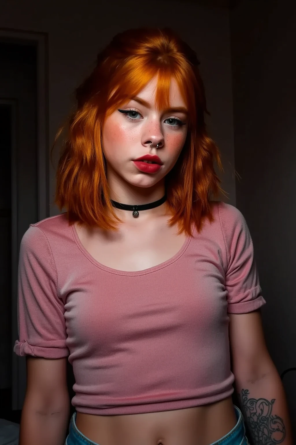 score_9, score_8_up, score_7_up, score_6_up, cinematic picture of 1girl, girl, young, adorable, cute, innocent, thin, short, skinny small, age14, (cute face), Long hair, a-line haircut, ginger hair, freckles, freckles on body, freckles on face, blushing, small breasts, fit, bright blue eyes, ((small waist)), cute, feminine, (black choker), sweet, (tight pink long sleeve tight crop top), ((standing, arms behind the back)), (puffy nipples), erect nipples, ((Showing some under  under the tight crop top), natural skin, british:1, shy, in dark bedroom, long intricate ginger hair, full body, low light, dark night, shadows, short stature, slim skinny anorexic body, petite anorexic body, round face, youthful face, dramatic lighting, candid, perfect eyes, Reddit, amateur, real life photo, selfie, portrait, naked belly