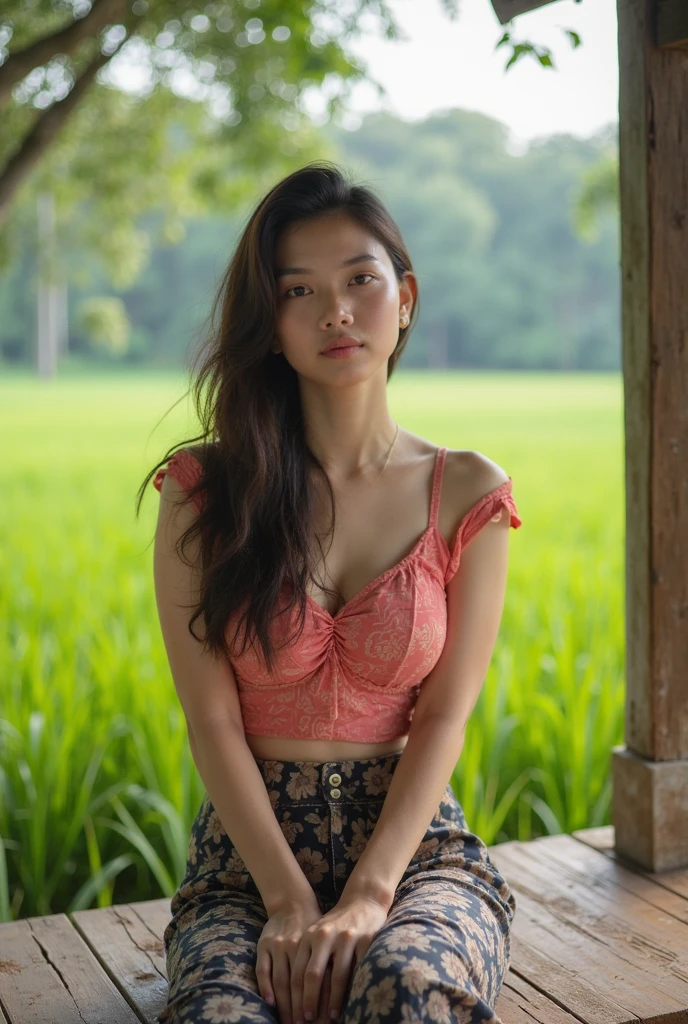 realistic: Open the aperture wide., professional lighting, Sony A7R4, 50 mm sitting lens. 2 ; Warm light, (digital painting, HDR ภาพถ่ายหน้าตรงThai anime, Female anime Araffe 25 30 years old, realistic: Open the aperture wide., professional lighting, Sony A7R4, 50 mm sitting lens. 2 ; Warm light, (digital painting, HDR, high contrast (digital painting, HDR, high contrast),Old jeans torn, bright colored t-shirts, Looking straight at you intently, Long-haired woman with a round face, Red cheeks, Pink cheeks, black eyes ตาสองชั้น, black eyes, Thai anime, Has a large chest size of 38 inches., ponytail woman, flowing black hair, long flowing black hair, she has black hair, Her black hair was long and wavy., beautiful black hair, Extra dark natural black hair, The shirt is tight., Looks hot., ,black eyes,abdominal muscles, rounded chest, outdoor, The background is a rice field., There is an old thatched Thai-style hut in the background., The evening sun shines, beautiful female model, jaw-dropping beauty, realistically,
