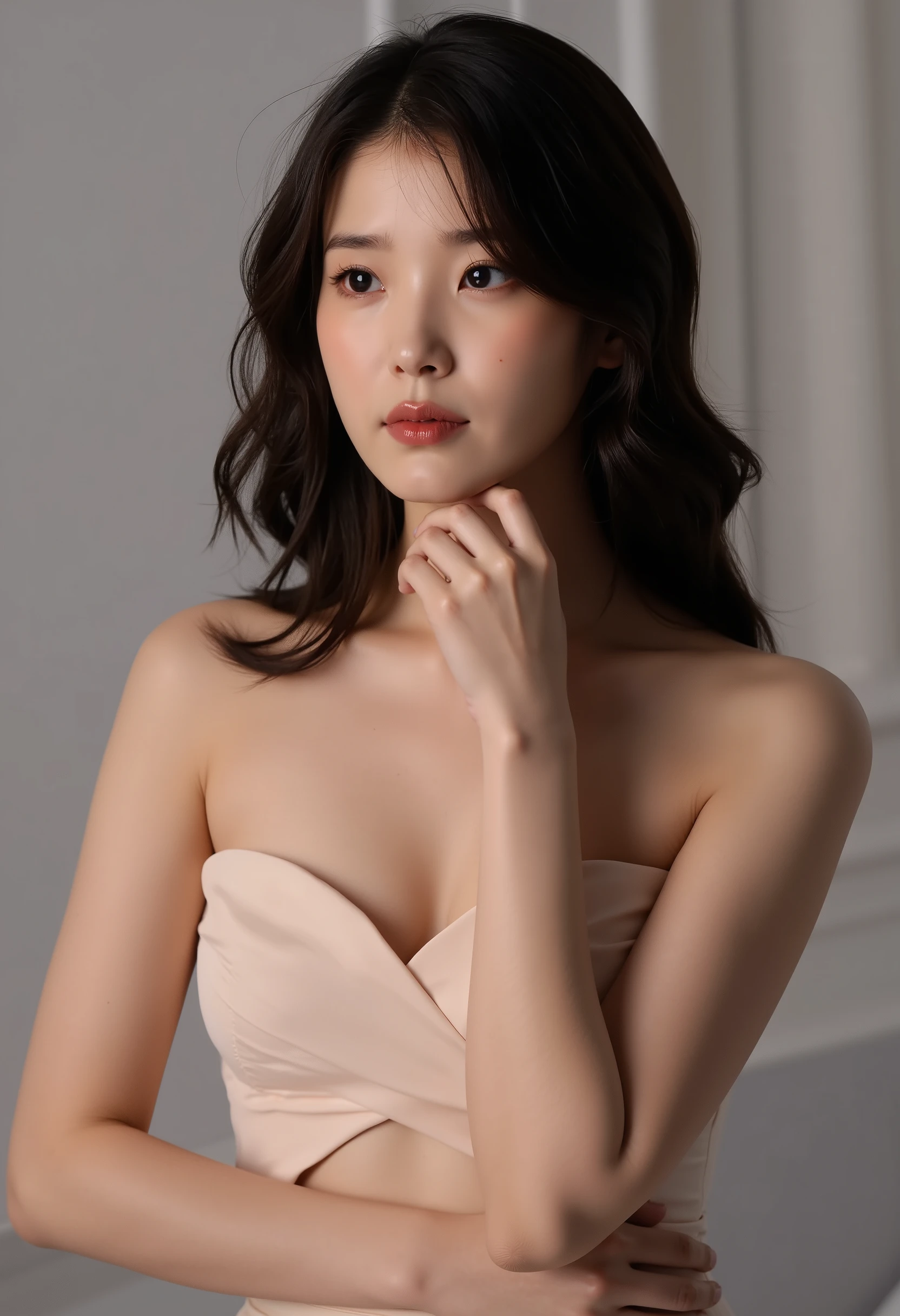 Woman, korean, long wavy brunette hair, naked, Showing breasts,