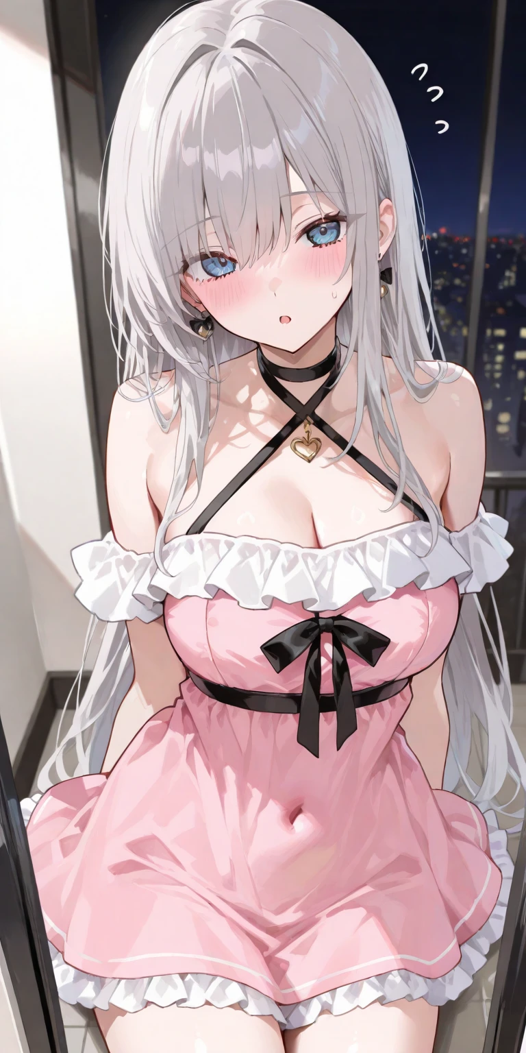 ((Masterpiece)), best quality, absurderes, ultra detailed, holographic, cowboy shot, golden ratio, leaning forward, showing cleavage, holding , super cute girl, mature girl, idol girl, super beautiful asian girl, Emilia re:zero, purple eyes, Emilia, crown braid, x hair ornament, flower hair ornament, white hair, very long hair, medium breasts, high ponytail, nice and sexy body, slim body, perfect body, an anime printed super tight off shoulder long sleeve crop top, a super aesthetic transparent mini jacket, beautiful hair ornament, pink jordan tennis, being photographed in a mall shop,( undressing, showing neon pink panties, showing thong: 1.5)