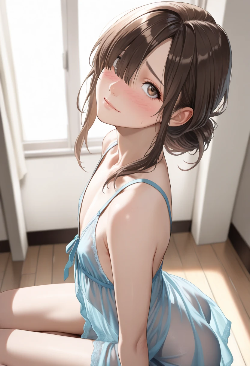 girl,solo,(((all fours))),spread legs,breasty gap,(((flat chest,small chest))),cleavage,close up,head tilt,((( showing nipple))),BREAK girl,brown hair,blunt bang,brown eyes,BREAK  on bed,BREAK masterpiece,best quality,ultra detailed,ultra high resolution,