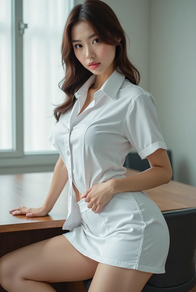 1womanl、(Super beautiful)、(beauitful face:1.5)、(A detailed face:1.5)、(A detailed eye:1.4)、(Detailed lips:1.4)、(Detailed nose:1.4)、(European)、(a blond)、Nurse、(Standing in the operating room:1.1)、(Shot from the knee up:1.3)、(She lifts her skirt to reveal her white panties:1.5)、(Bare legs:1.5)、(Nurse Uniform:1.2)、(white guard cap:1.2)、(At SFW:1.3)
