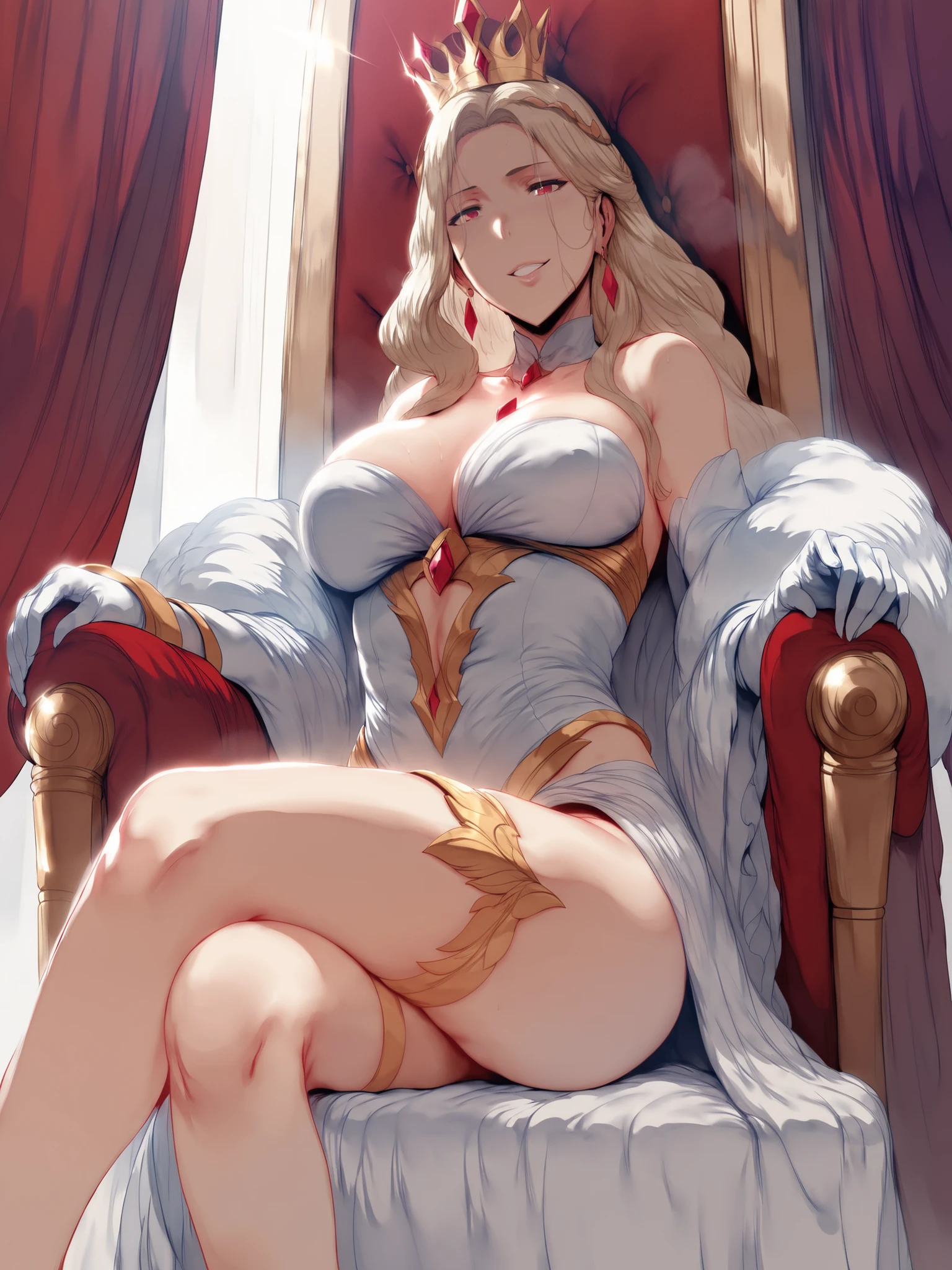 women, Long hair, albino hair, big breasts,milf, White skin, closeup of his face, blushing,blue eyes,bright Eyes, large eyes, seductive look, sensual look blue, hentai, saliva, sweating,subtle golden crown on her head, sitting on a bed, red lingerie