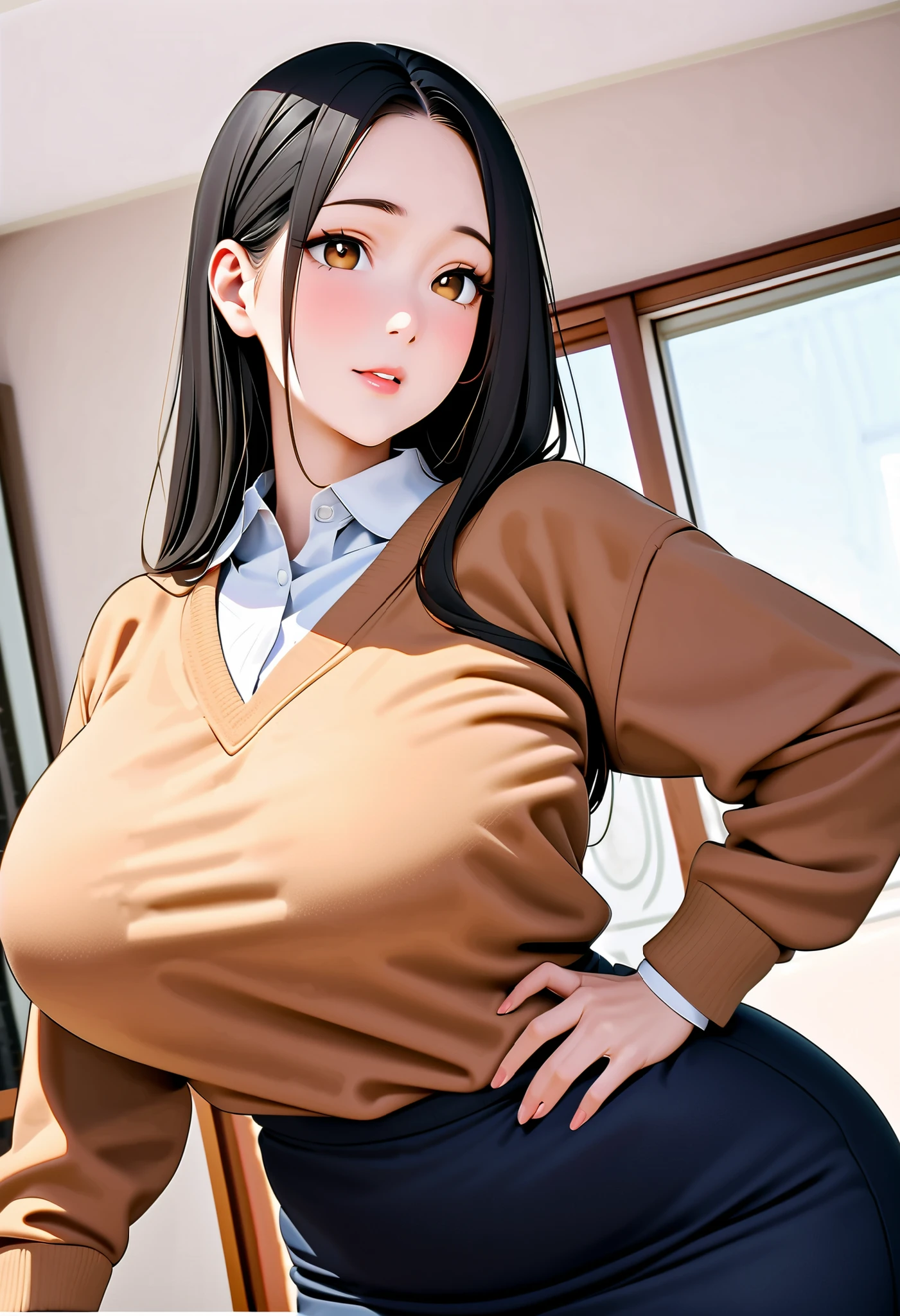 (very well detailed, 8k, high image quality, Actual image, absurd:1.2), Japanese woman with viewing angle, mature body in her 20s , tall, beautiful character design, long black hair, beautiful detailed eye depiction, perfect face, expressive eyes, brown eyes in the bedroom, Sensual expression, (sweater, skirt for ears), (Big Breasts, 垂れた Big Breasts:1.2), (Thin Waist :1.1), put hands hip, Cowboy Shot, In the living room