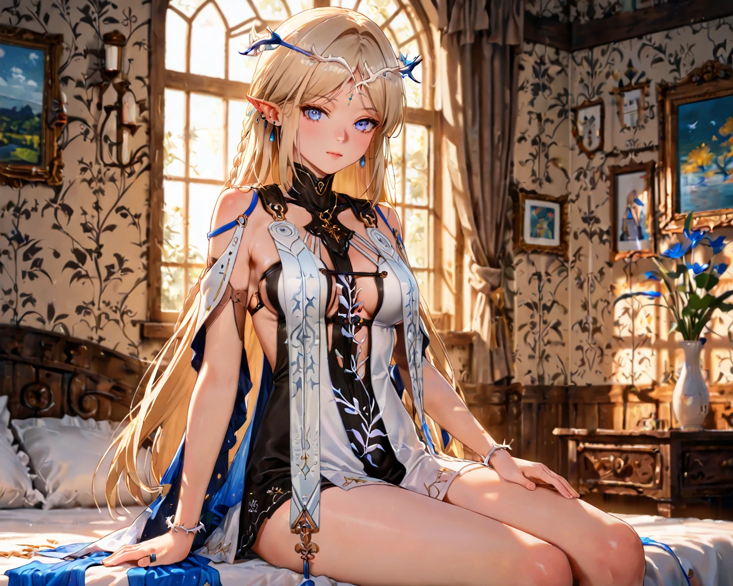 8 year old medieval girl, 1people、In underwear、Gold and silver thread embroidery、She is wearing translucent bloomers that reach below her knees.、Wearing a semi-transparent corset、Translucent slip, Grey translucent tights、sleep