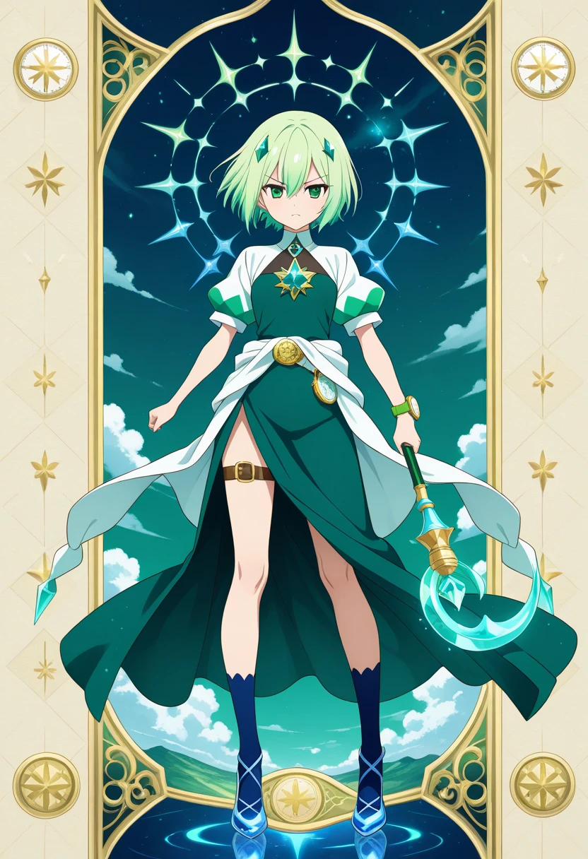 anime style a magical girl ,, Type time ,serious and traumatized expression dark green eyes large expressive and detailed short hair on the back also short and bright dark green with bangs and a layer that falls between your eyes. She wears a full body dress a combination of blue and emerald green bicolor galactic glitters a high slit in the knee long skirt in fine green and transparent fabric with transparent details, a layer of turkey belt around the waist with a detailed green diamond watch blue socks degraded to a navy blue footwear crystal heels blue green multi-color magic sparkles, cloud sky head brooch,Landscape a lot of storm clouds