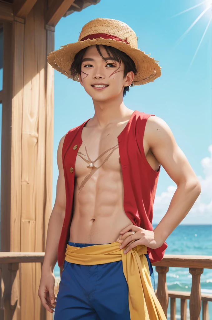 ((Masterpiece: 1.4, Best Quality)), ((Masterpiece, Best Quality)), (Real Photography: 1.4), 1 Boy, (Japan Men: 1.2), Wano Style, Monkey D. Luffy, One Piece, Straw Hat, No Collar, Skinny, Mucular, Brawl, Laughter, (Big Eyes: 1.4), (Cool), (Yellow Waist Strap: 1.4), Protruding Fist, Pirate Ship, Professional Lighting, Physically Based Rendering