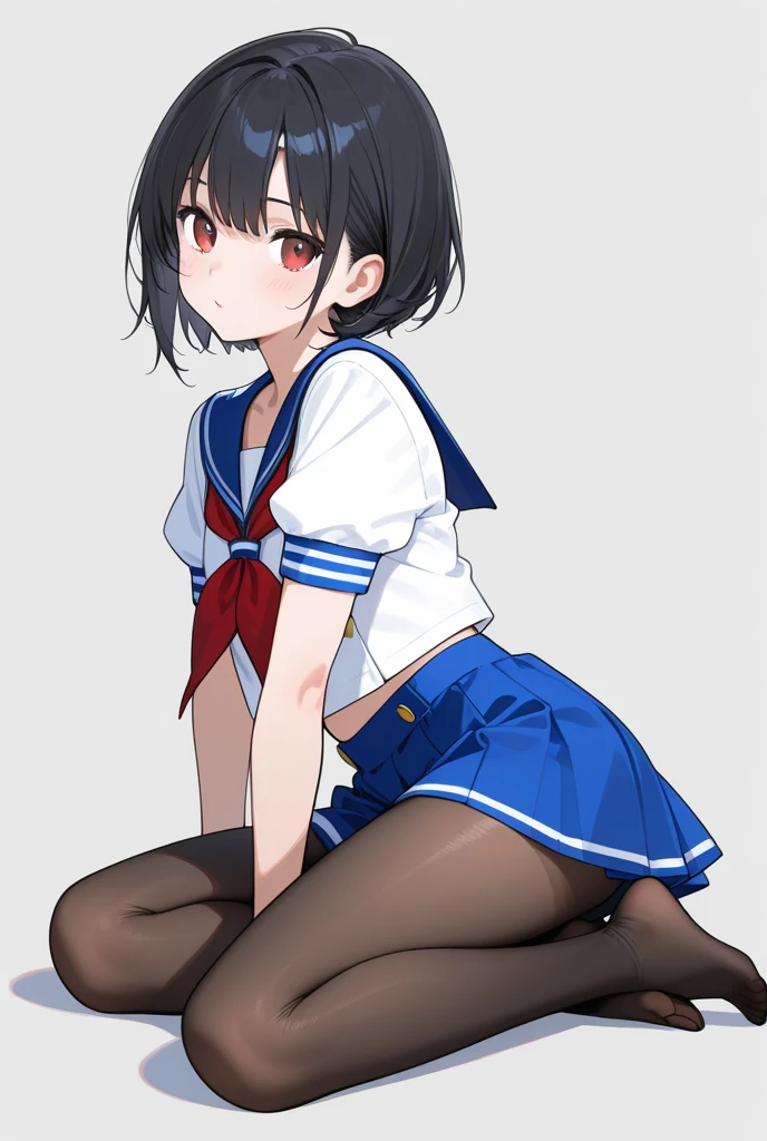 Character design sheet、Same character、front、beside、back)、An illustration、Environmental change scene、woman、panties(Simple Background、White background:1.3),((((Lift the sleeves of your skirt to show your white panties))))、White Sailor Suit、Black mini skirt、Navy Blue Hair