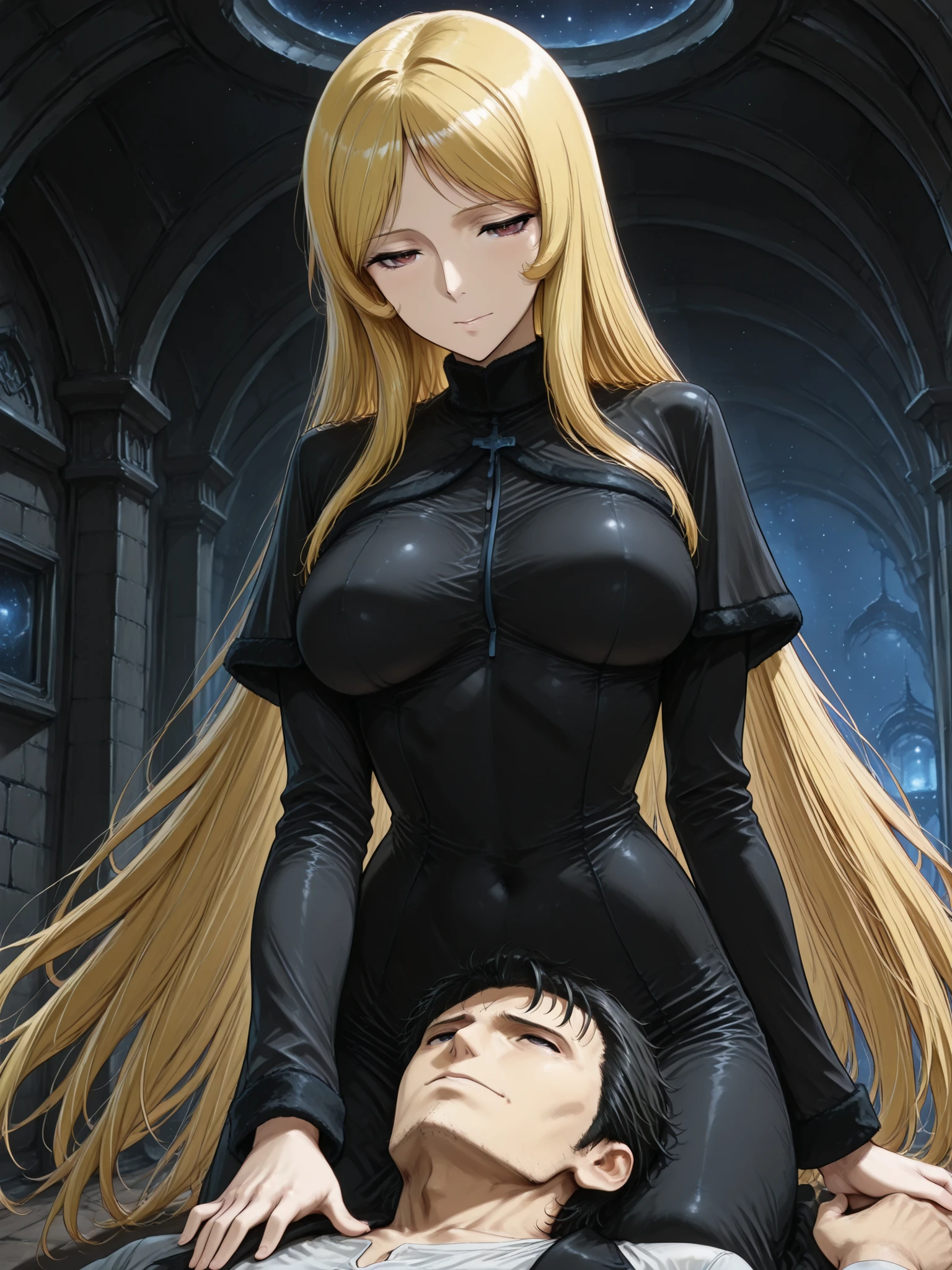 ((Best Quality)),( super high definition),(Super detailed),( detailed description ),((The best CG)),(masterpiece), dark dungeon,dark cave,lanthorn,(1boy and 1girl,1boy is a Okabe rintaro, THE GALAXY EXPRESS 999_Maetel,the boy protects THE GALAXY EXPRESS 999_Maetel)