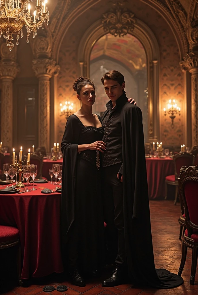 Vampire in suit and black tie red cape with his wife at night under candlelight