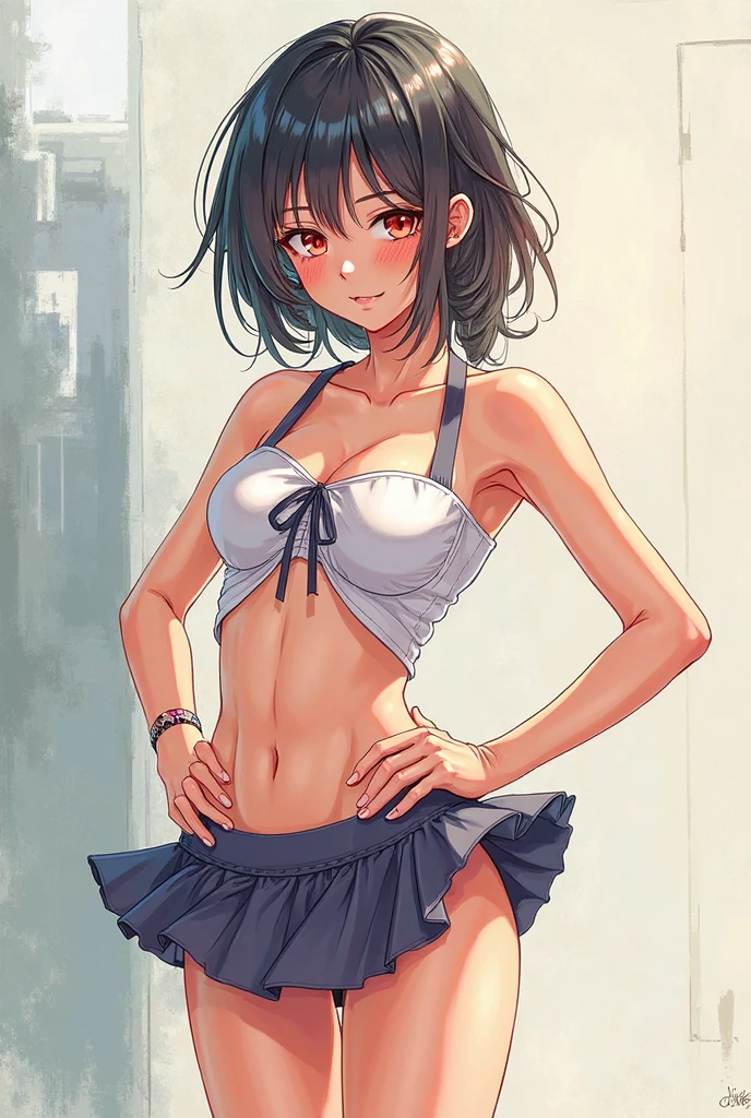 anime illustration, ((((highest quality)))), (((Ultra-precision CG 16K))), (((masterpiece))), (((Very detailed))), (((Extremely detailed))), (((Black outline:1.3, Written boundary depth:1.3 , Written soft outline, sharpness))), Maximum clarity and sharpness, Multilayer Texture, Surface Shading, Cinematic lighting, Beautiful details sparkle ,Perfect Proportions, Limited to one woman, BREAK accurate, Anatomically correct, Highly detailed face and skin texture, drawn in detail, Highly detailed facial and skin texture, Detailed eyes, beautiful hair, Beautiful Japanese Idol face, Beautiful and beautiful eyes, Beautiful body, Beautiful breasts, Beautiful thighs, Beautiful legs, Beautiful fingers, (Beautiful views) , skinny body, ((Beautiful Skin)), ((Skin Texture)) BREAK breast enlarged, medium Breasts, rocket breasts, (((perky breasts))), ((sagging breasts)), slender waist, ( narrow eyes, smiling, blush, determined expression, sweaty , Heavy breathing,) , (streaked hair, hair intakes, colored inner hair, ) BREAK (((wearing printed sexy oversized shirts, wearing wide-leg-pants, breasts is covered by outfit))) , wearing earrings, (((tanned skin, tan lines))) , BREAK ( stick breast out, bending over, under the blue sky ),(((looking at viewer, super detailed background , ))), BREAK (((portrait , close-up of face, bust-up shot, looking at viewer, )), (natural make), random angle , random situation , pinup magazine pose,