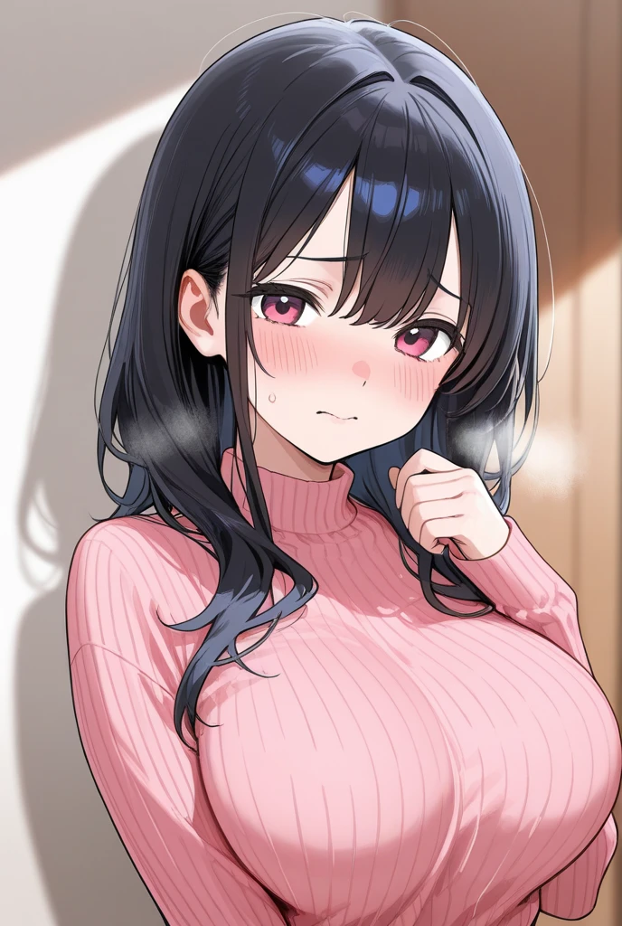 1 girl, purple slightly black hair, very big breasts, sexy body, smiling, wearing a knitted clothes