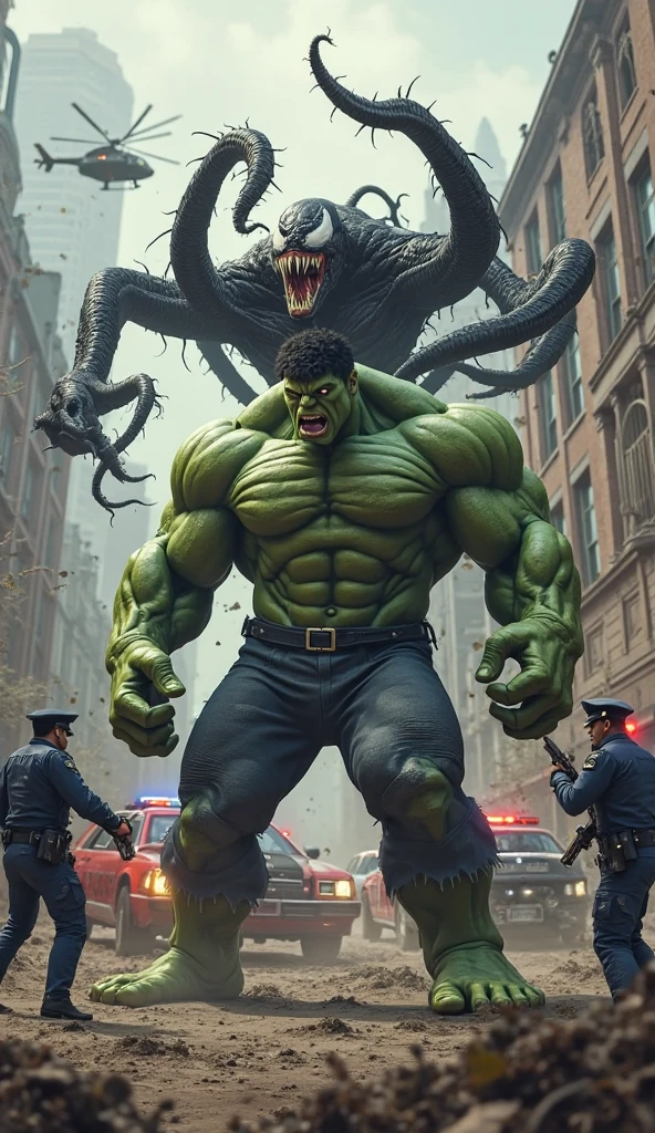 a fight between Hulk and the lady police and the lady police is stopping Hulk from moving forward, She taking gun in her hand and Hulk is kneeling down in front of lady police