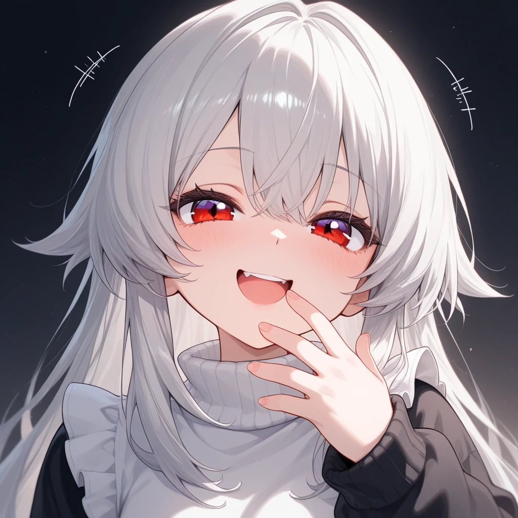 highres,1girl,animal ears,bangs,blush,red eyes,open mouth,fang,dark-skinned female,hair between eyes,hair ornament,hairclip,looking at viewer,smile,solo,v-shaped eyebrows,thighhighs,underwear,sweater,nekomimi,
