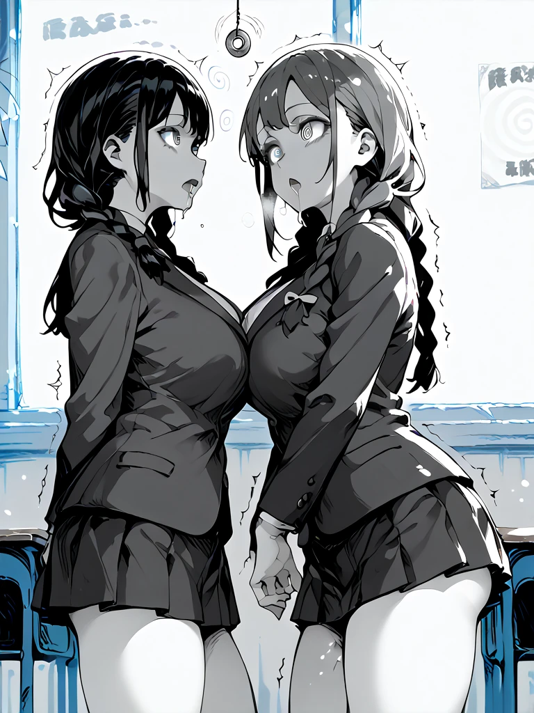 two girls with big boobs pressing their boobs against each other, short skirt and pantyhose, angry at each other, facing each other
