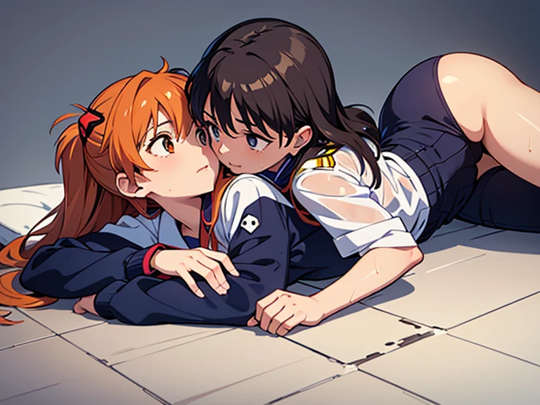 score_9, score_8_up, score_7_up, score_6_up, score_5_up, score_4_up, (source_anime), 2girls, evangellion, asuka langley, rei ayanami, yuri, full body, breast sucking, Schoolwear