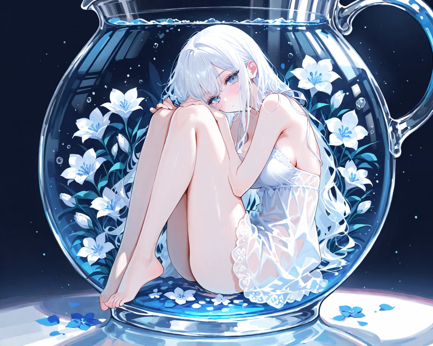 瓶詰めの少female、Being in a jar、Glass、sit、1 person、female、adult、Large、whole body、Cloth Dress、Open the chest、Perfect body shape、Rich body、Bare Skin、sex appeal、Transparency、reflected light、beautiful、ephemeral、Glowing Eyes、Heart-filling、dream、Dim light、Blur、Watercolor tones、mystery、vivid、Low Contrast